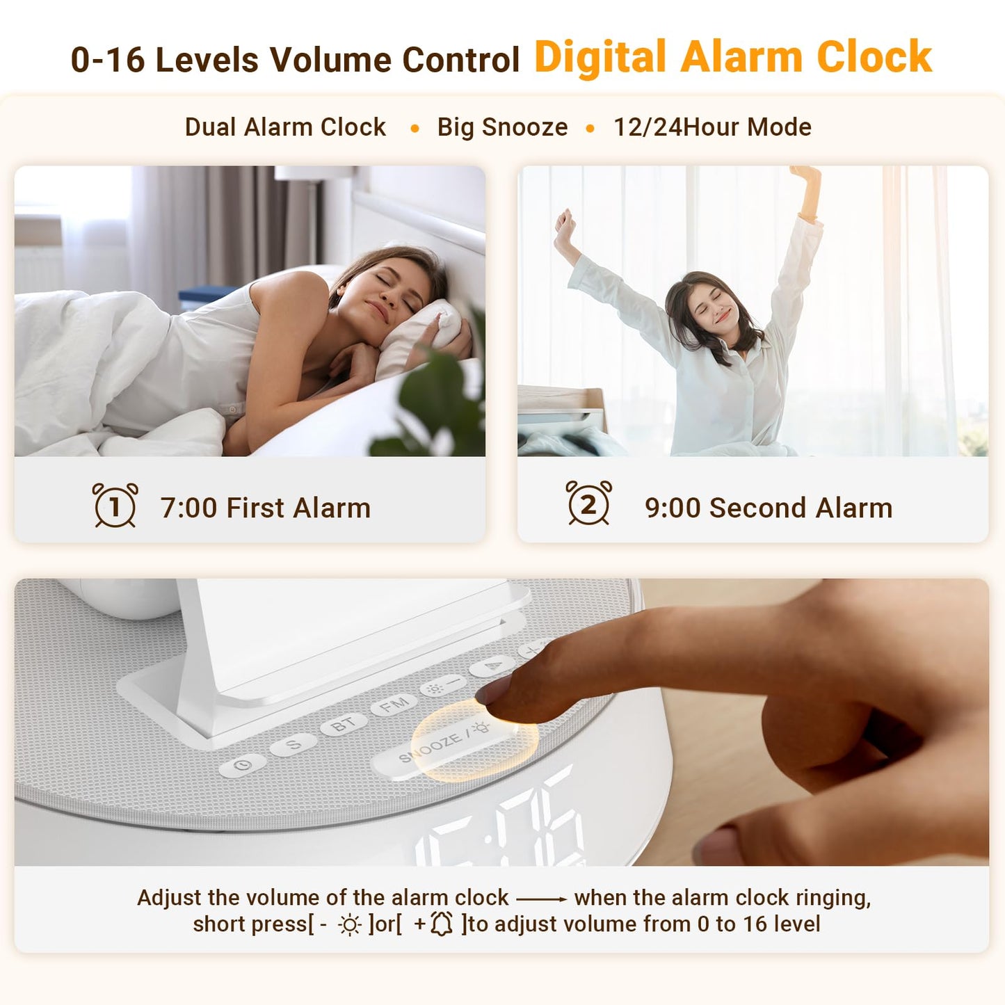 Alarm Clocks for Bedrooms with Wireless Charging Station, iPhone Charging Station with Dimmable Night Light Bluetooth Speaker, Wireless Charger for iPhone 16 15 14 13 Pro Max, Apple Watch, AirPods 3