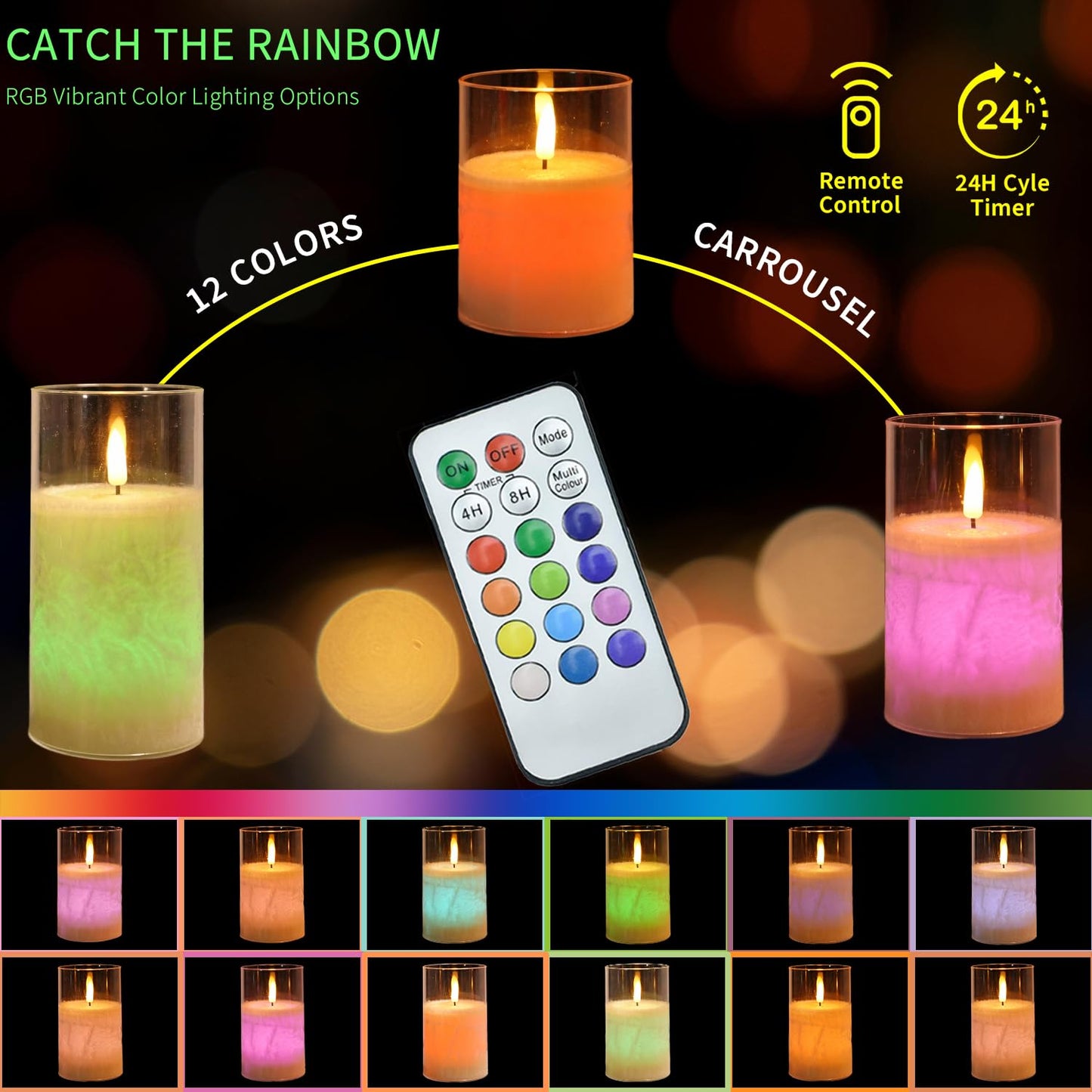 NICEME 12 Multi Colored Flickering LED Flameless Candles with Remote Control Timer Color Changing Candles Real Wax Battery Operated Candles with Flickering Flame Crystal Texture Design, D3”xH4 5 6”