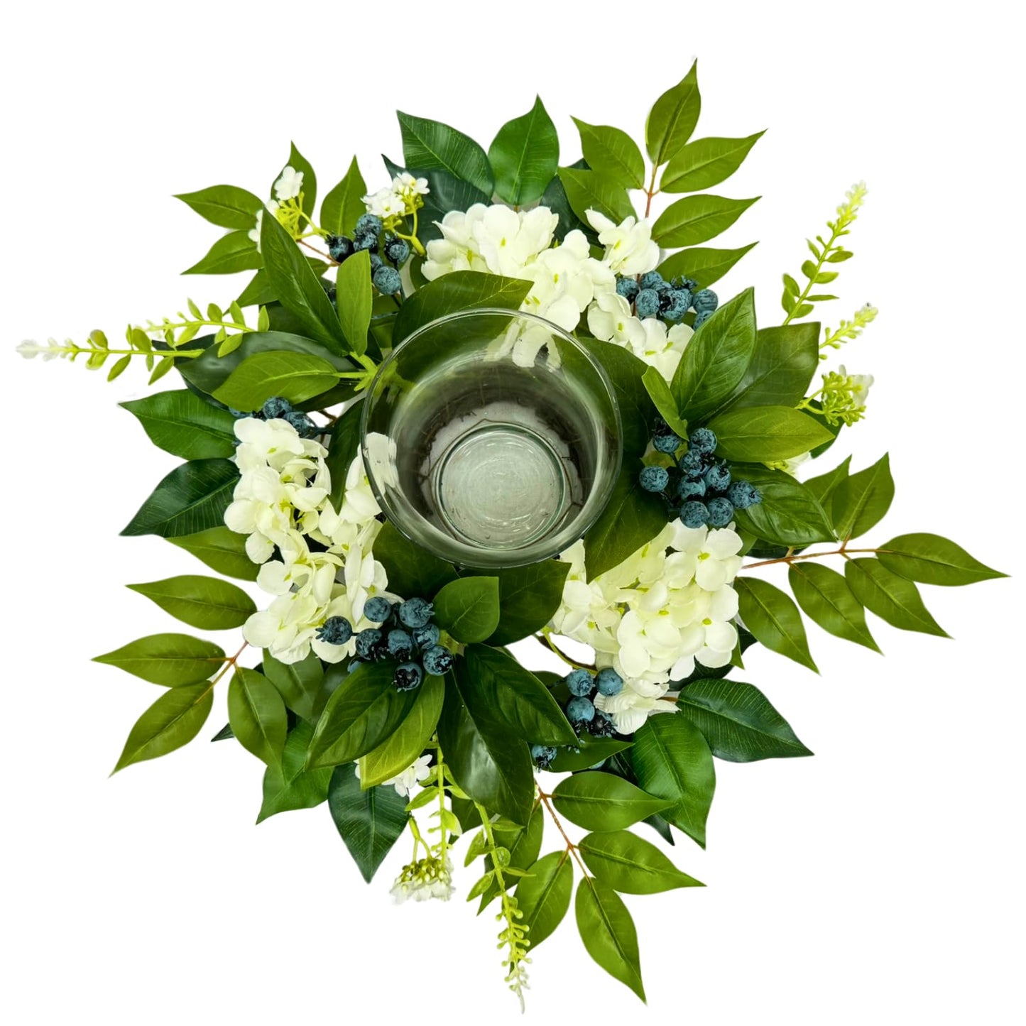 All Season Floral Arrangement Centerpiece for Table Glass Candle Holders with Artificial Hydrangea Flowers Blueberry Eucalyptus Leaves for Dining Room Indoor Outdoor Home Decor