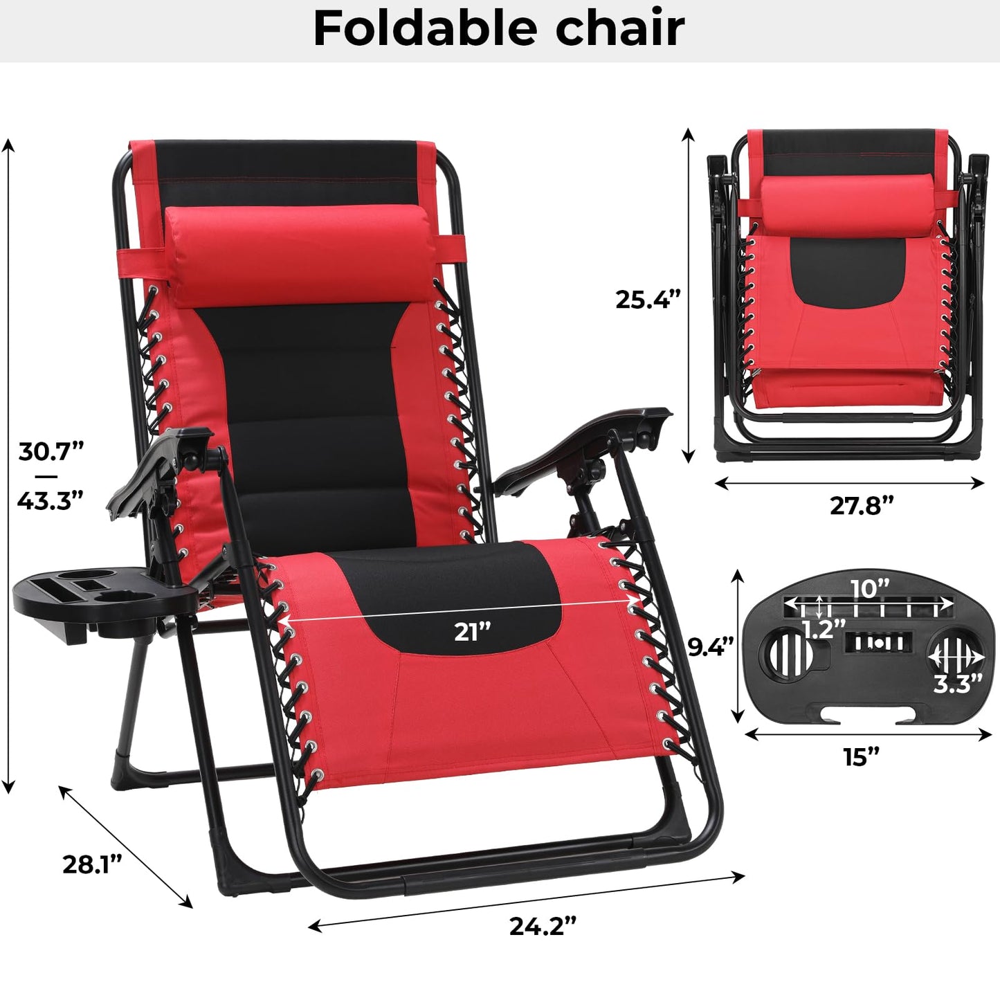 TLSUNNY Oversized Padded Zero Gravity Chair Set of 2, Folding Outdoor Patio Recliner, 24.2" Wide Seat Lounger W/Detachable Pillow & Holder Tray, Patio Furniture for Garden, 350LBS (Black/Burgundy)