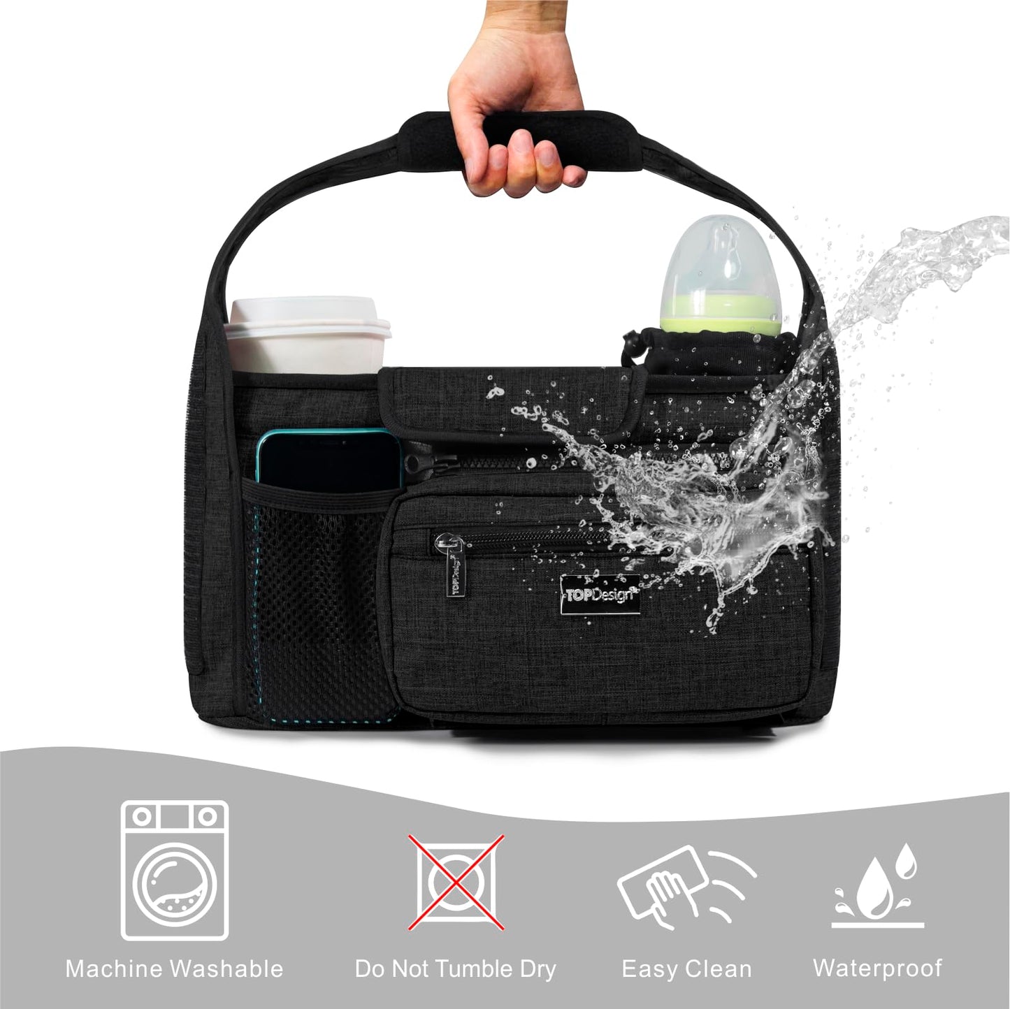 TOPDesign Universal Baby Stroller Organizer, Stroller Caddy with Detachable Mesh Bag & Heightened Insulated Cup Holders & Non-Slip Secure Hooks Accessories, Fits Most Strollers (Zoo)