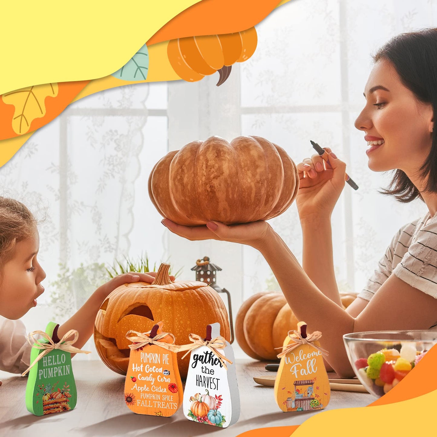 4 Pieces Fall Decorations Mini Tiered Tray Decor Thanksgiving Pumpkins Table Centerpiece Welcome Tabletop Sign Rustic Wood Kitchen Signs for Home Autumn