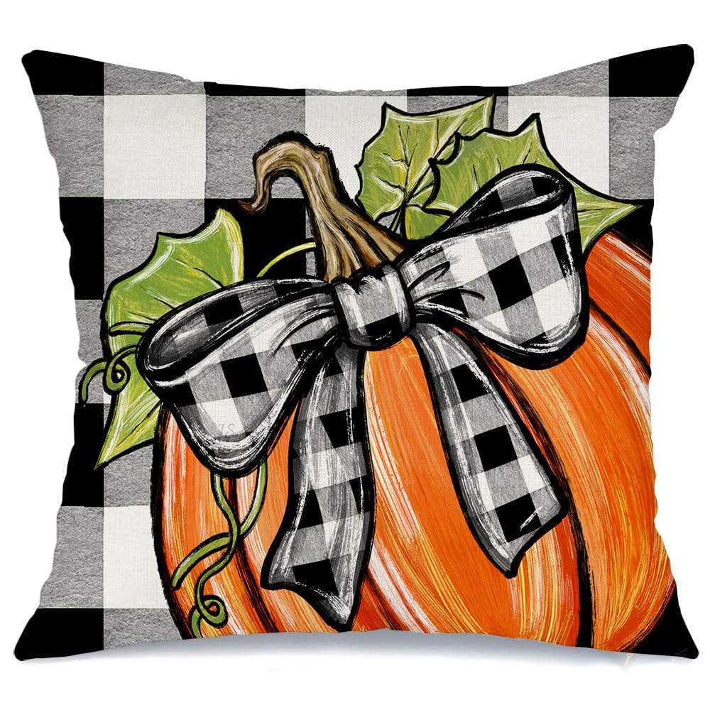 AACORS Fall Pillow Cover 18x18 Inch Pumpkin Bowknot Decorations Farmhouse Buffalo Plaid Autumn Throw Pillow Case Decor for Home Sofa Couch AA734-18