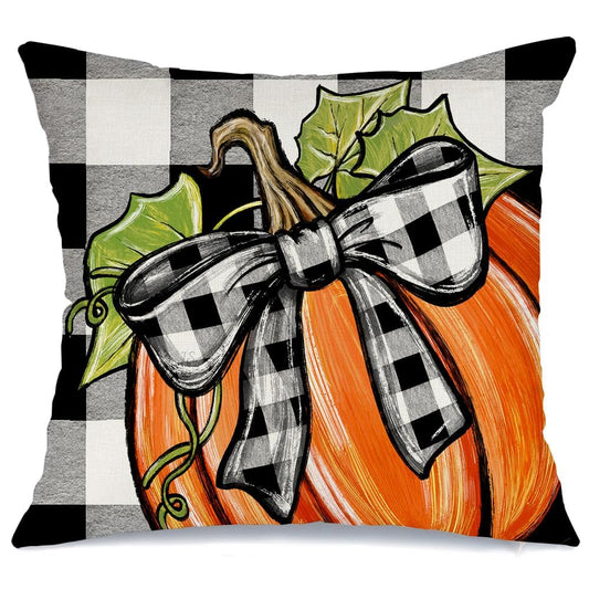 AACORS Fall Pillow Cover 18x18 Inch Pumpkin Bowknot Decorations Farmhouse Buffalo Plaid Autumn Throw Pillow Case Decor for Home Sofa Couch AA734-18