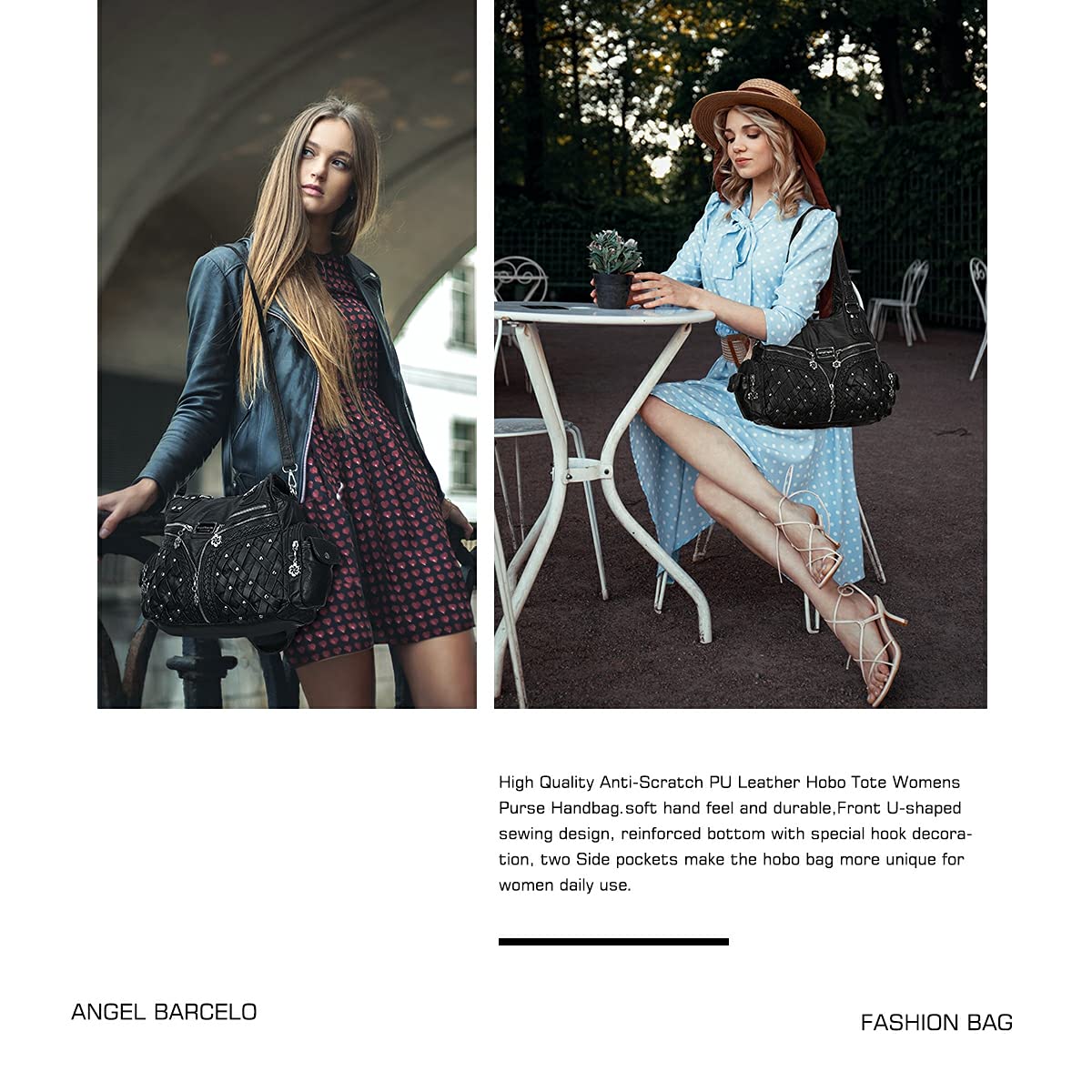 Angel Barcelo Roomy Fashion Hobo Womens Handbags Ladies Purse Satchel Shoulder Bags Tote Washed Leather Bag Black