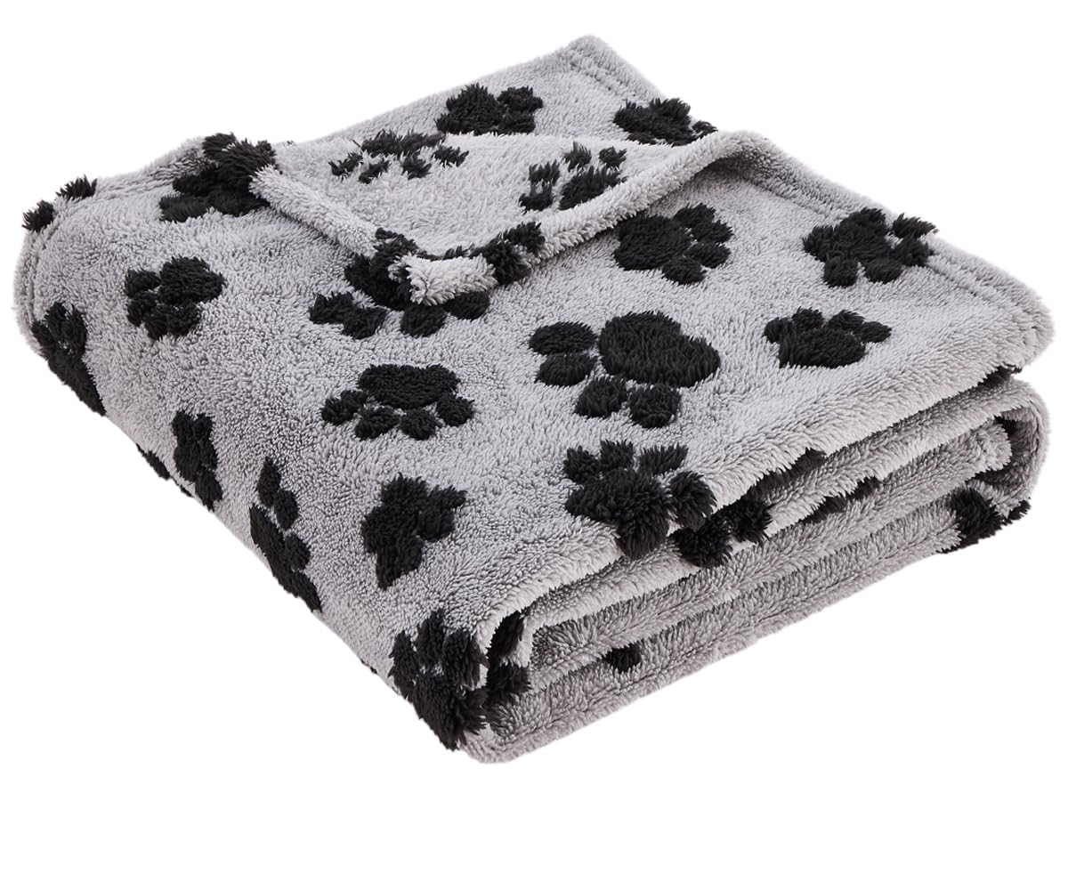 Qeils Jacquard Dog Blankets for Small Dogs, Cozy Calming Blanket for Indoor Cats, 280GSM Coral Fleece Plush Fluffy Throw Blanket, Black Paws, 25x30IN