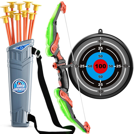 TEMI Bow and Arrow Set for Kids - Archery Toy Set - LED Light Up with Suction Cup Arrows, Target & Quiver, Indoor and Outdoor Toys for Children Boys Girls