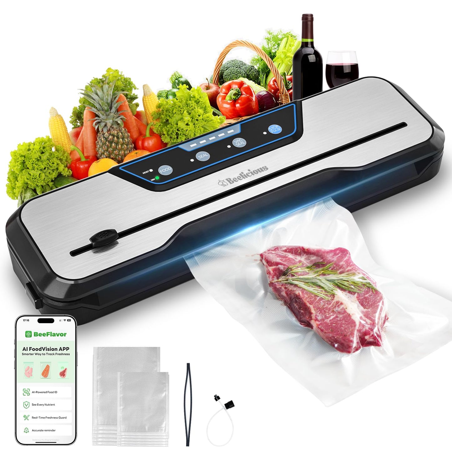 Vacuum Sealer Machine, with Starter Kit and 2-Year Warranty, Beelicious Automatic Air Sealing for Food Storage, Build-in Cutter, Moist Mode, EXT-VAC