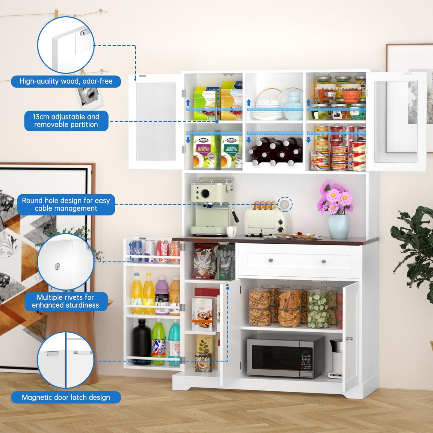 ANDSWANIE Kitchen Pantry Storage Cabinet,White Wood Tall Food Pantry Cabinet with Swing Out Doors,Microwave Stand and Storage,for Coffee Bar Farmhouse Buffet Kitchen Hutch Cabinets (White)