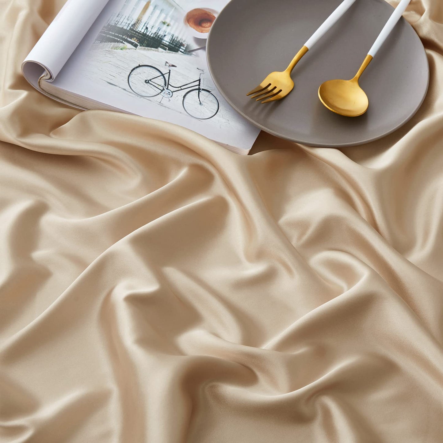 Horbaunal 6 Piece Satin Sheet Set King Size Luxury Silky & Soft Beige Satin King Bed Sheet Set with 16" Deep Pocket, 1 Fitted Sheet, 1 Flat Sheet, 4 Pillowcases