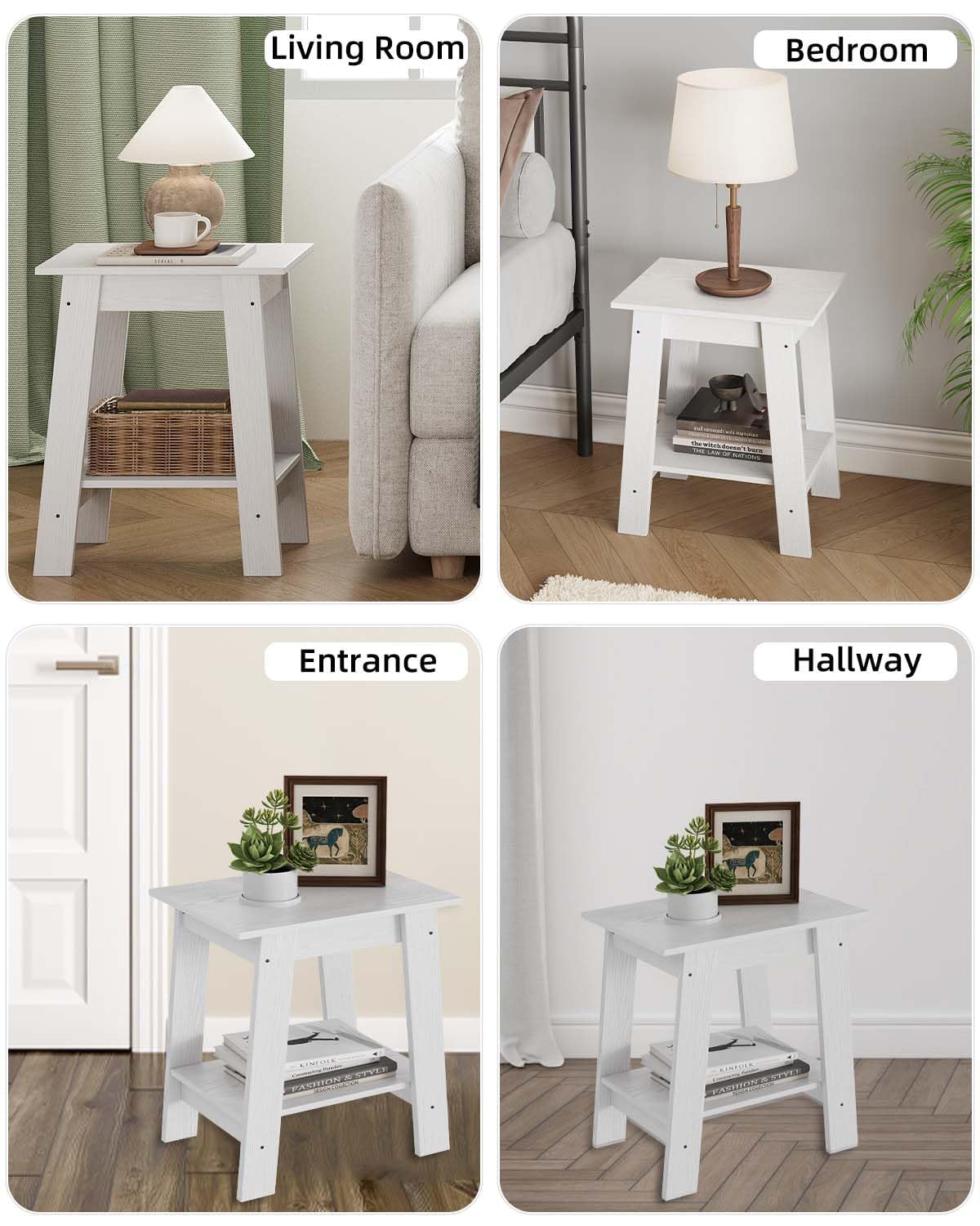 IDEALHOUSE End Table, Narrow Side Table with 2 Tier Storage Shelf, Small Space Side Table for Farmhouse Bedroom, Studio Apartment, Entryway, White