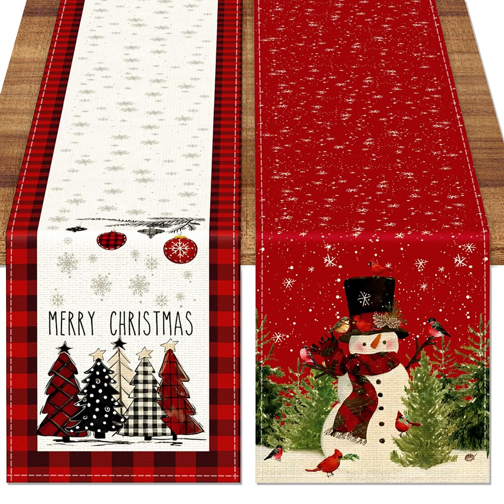 TOYPOPOR Set of 2 Christmas Table Runner, Including Buffalo Linen Christmas Trees Table Runner and Merry Christmas Snowman Table Runner for Xmas Holiday Winter Decoration Indoor Party Wedding - 72in