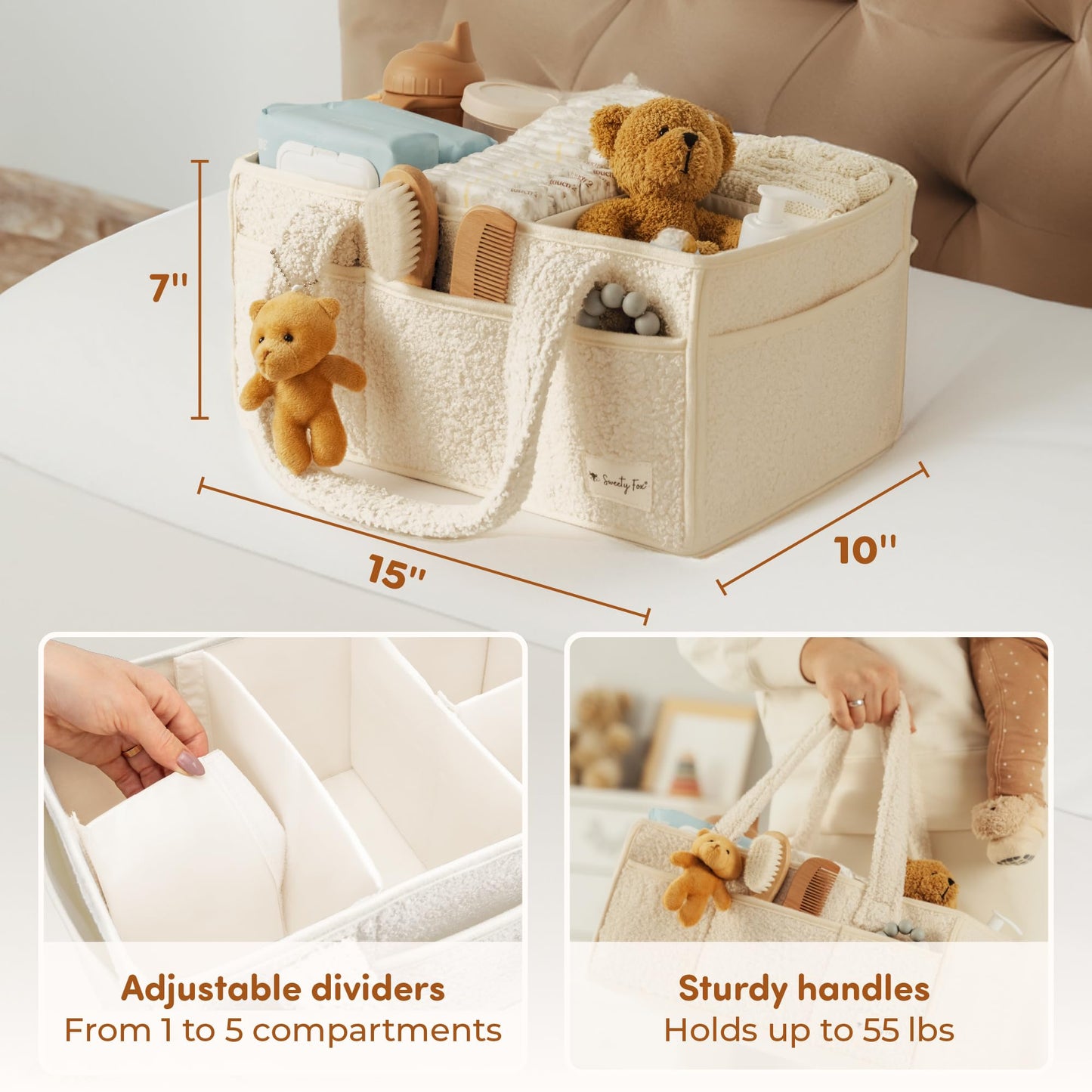 Sweety Fox Baby Diaper Caddy Organizer with Handle - Portable Sherpa Nursery Basket - Car Diaper Organizer, Cleaning Caddy, Gift for Baby Shower - Ivory