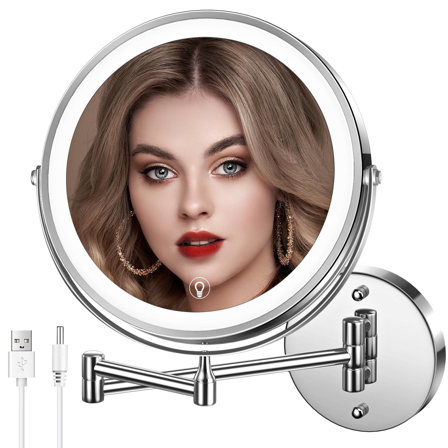 MNIENT Wall Mounted Lighted Makeup Mirror, 8" Rechargeable Double-Sided Light up Magnifying Mirror 1x/10x, 3 Colors Led Vanity Mirror with Lights, Touch Dimmable 360° Rotation Foldable
