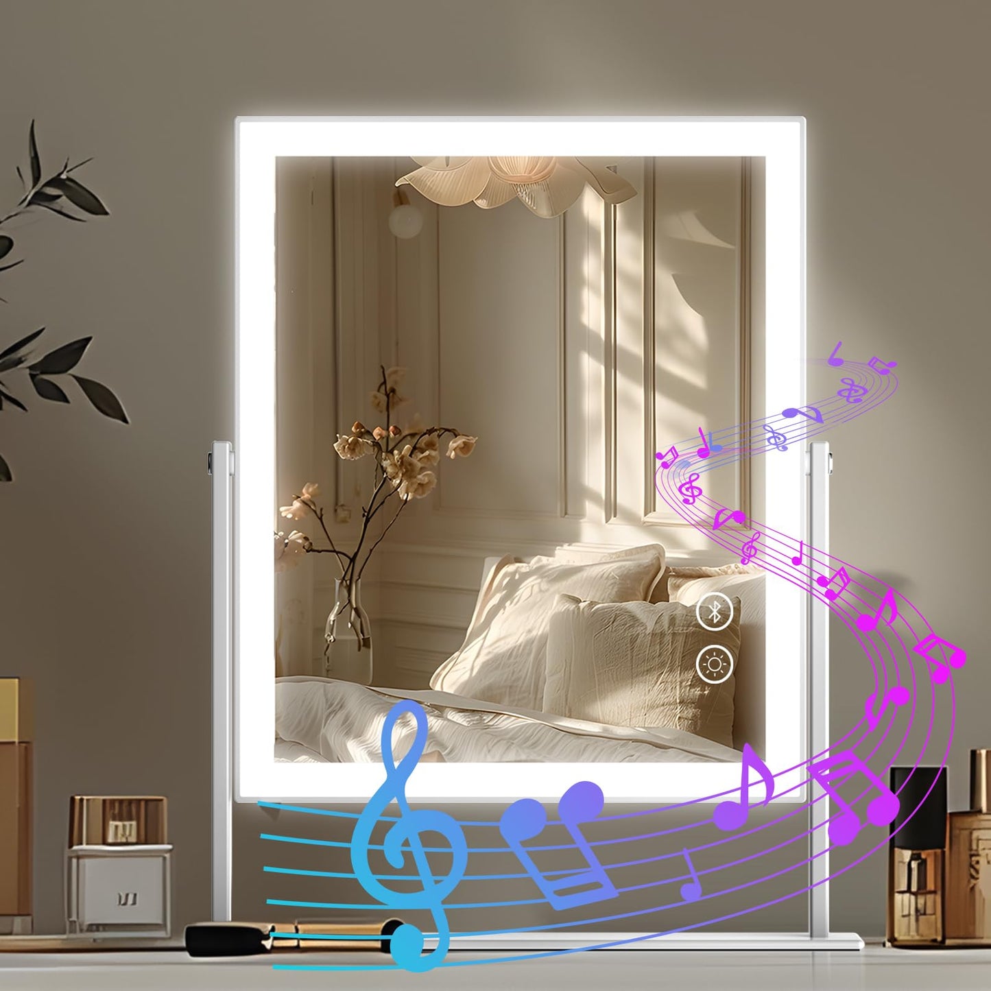 Fenair Vanity Mirror with Lights and Bluetooth Speaker, 9.8" x 14.2" LED Makeup Mirror with Dimmable 3 Color Lighting Modes Smart Touch Control, 360° Rotation and 10X Magnification,White