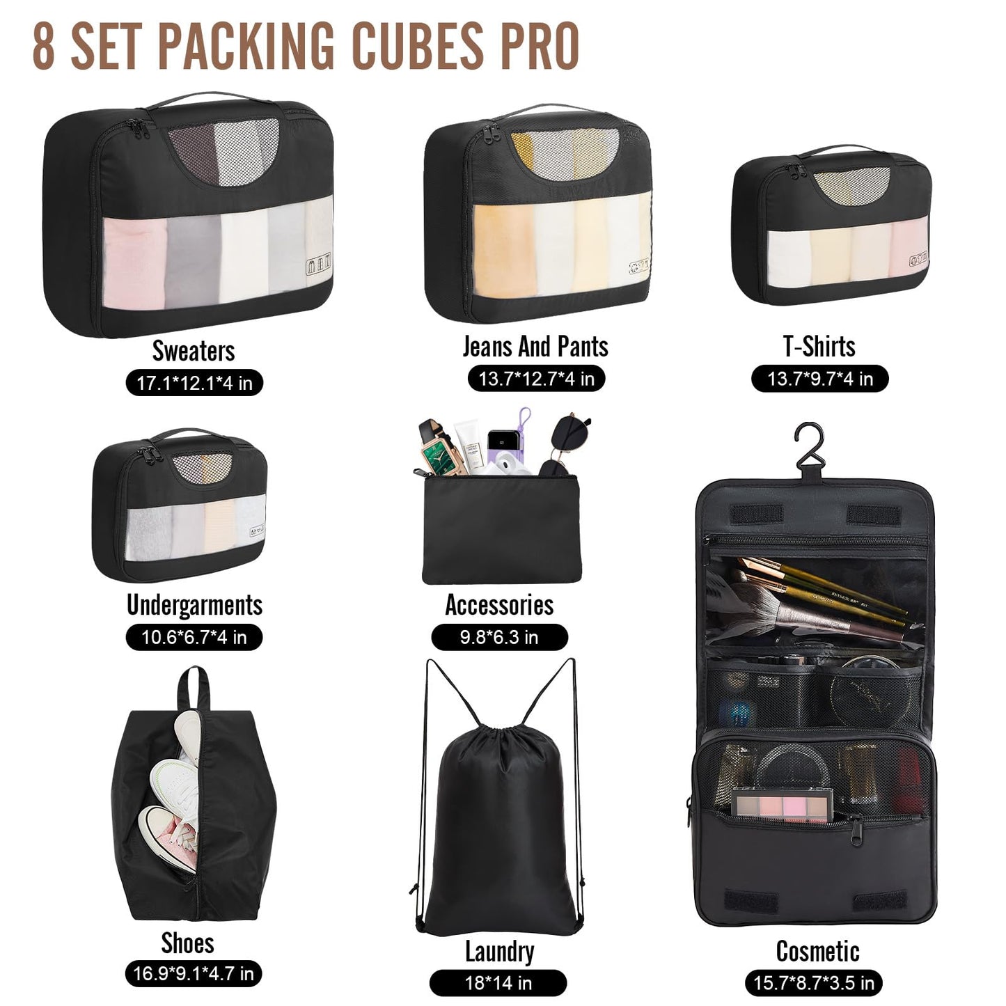 Veken 8 Set Packing Cubes for Travel Essentials, Suitcase Organizer Bags in 4 Sizes, Carry-On Luggage Accessories with Large Laundry & Hanging Toiletry Bag, Must-Have for Airplane, Road Trip & Camping