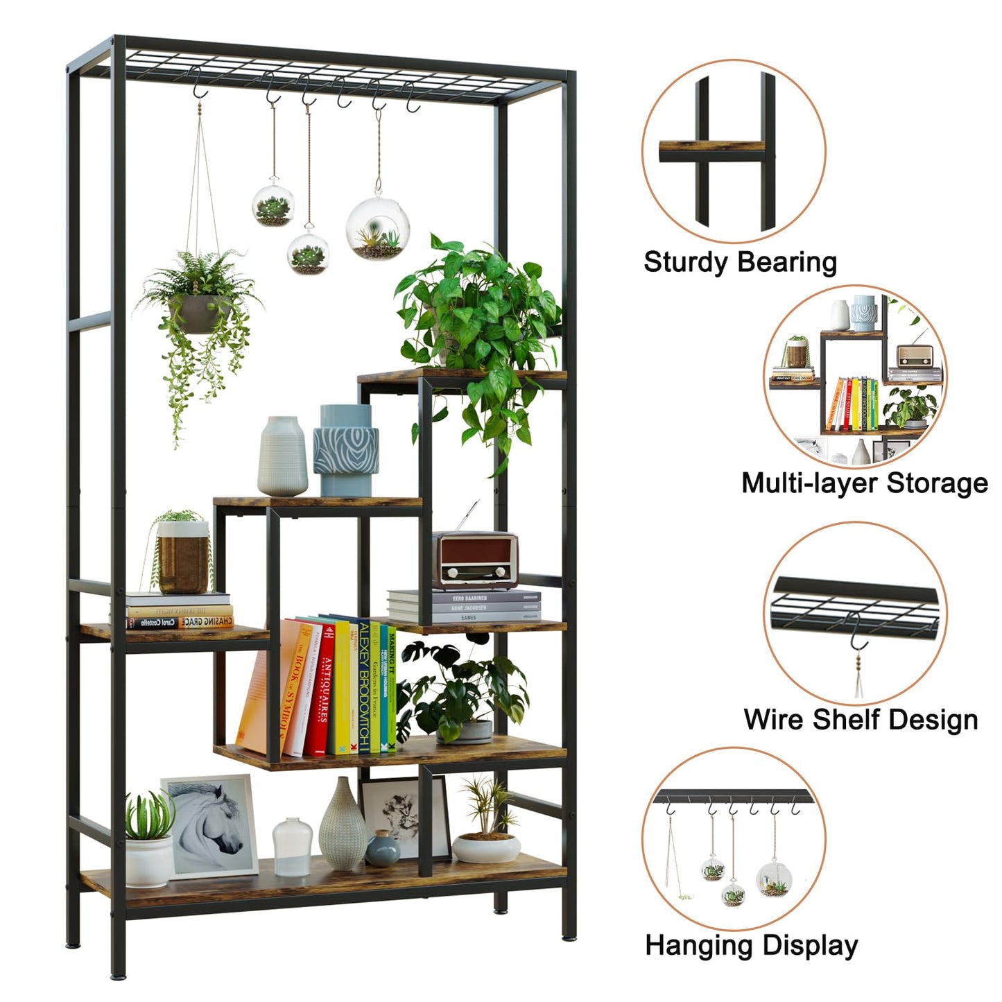 YIZAIJIA Plant Stand Indoor Tall Plant Shelf for Multiple Plants Pots Metal Flower Stand Large Flower Holder for Living Room, Patio, Balcony, Garden Decor, Black (5 Tier Trapezoid-Black)