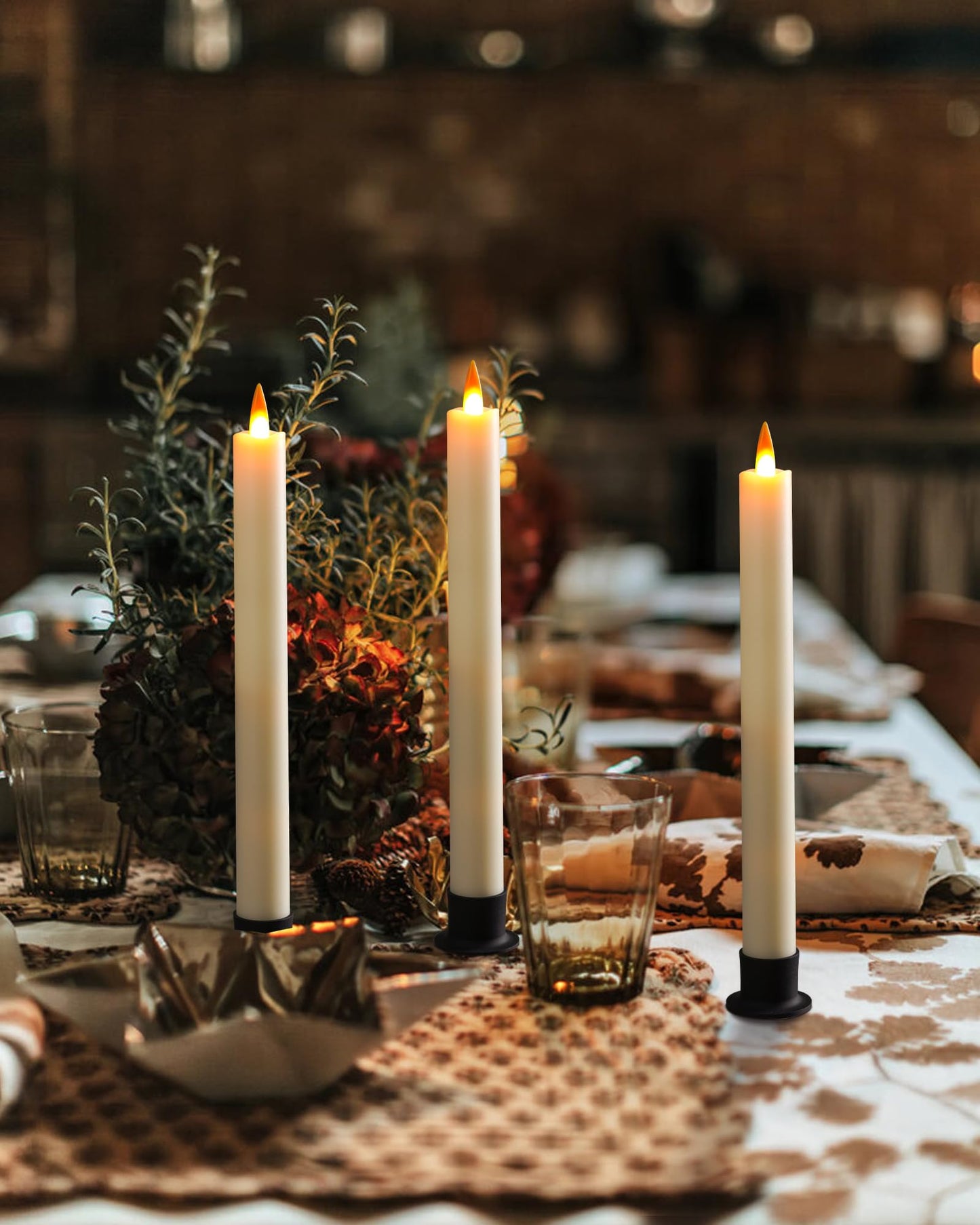 Da by 3 LED Flameless Table Candles with Remote Timer, 9.6 Inch Ivory Candle Holder, Battery Powered 3D Flickering False Flame Window Candle, Free 3 Black Bases