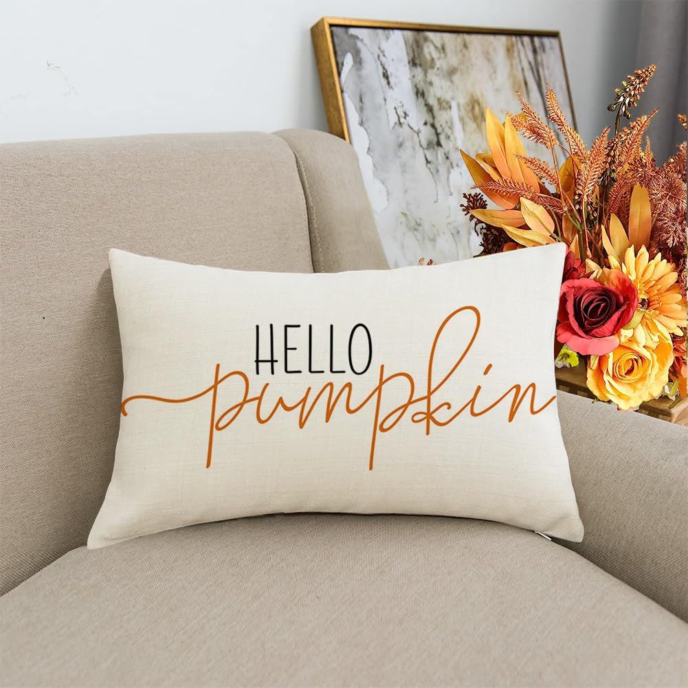 RABUSOFA Fall Pillow Covers 12x20 Inch,Autumn Hello Pumpkin Pillows Decorative Throw Pillows,Lumbar Outdoor Thanksgiving Cushion Cover Farmhosue Fall Decor for Bedroom Couch Sofa White
