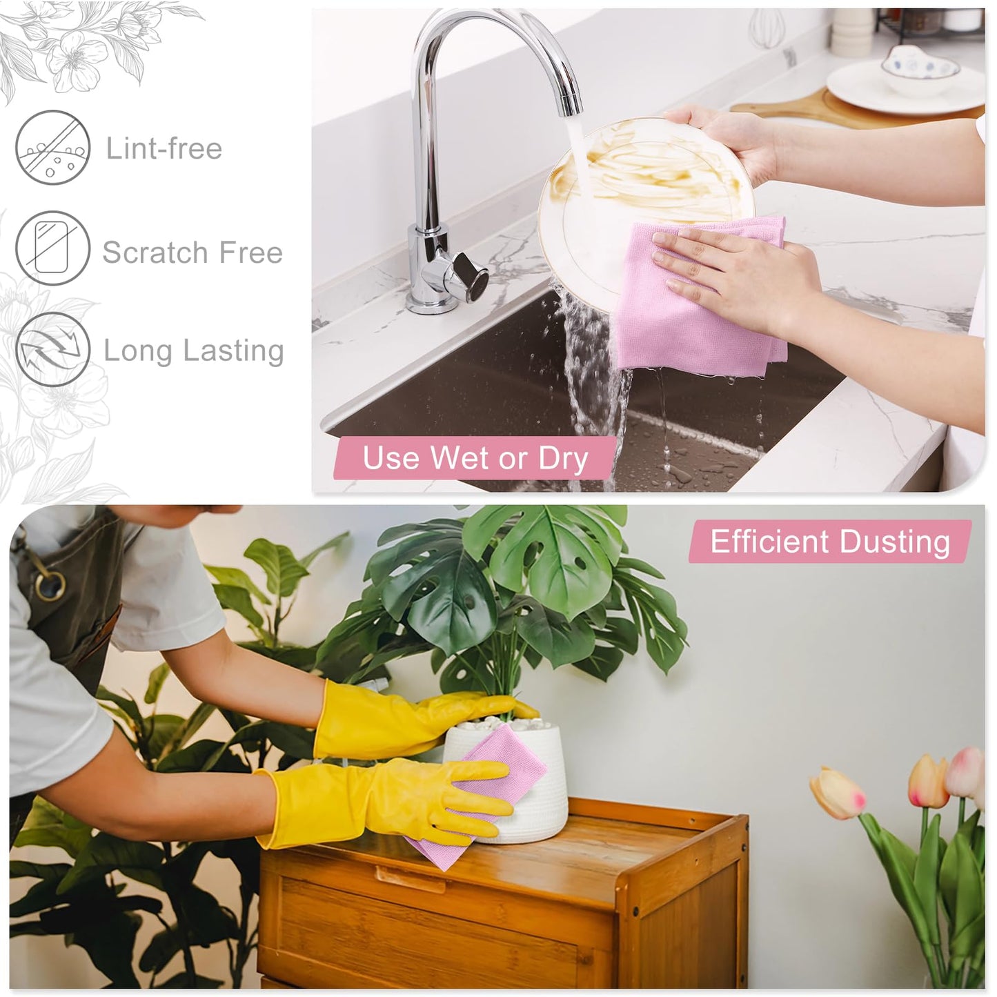 Homaxy Tear Away Dish Cloths Rolls, 40 Sheets-11.8" X 11.8", Reusable Washable Dish Towels for Kitchen, Ultra Absorbent and Quick Drying Microfiber Cleaning Rags, Pink