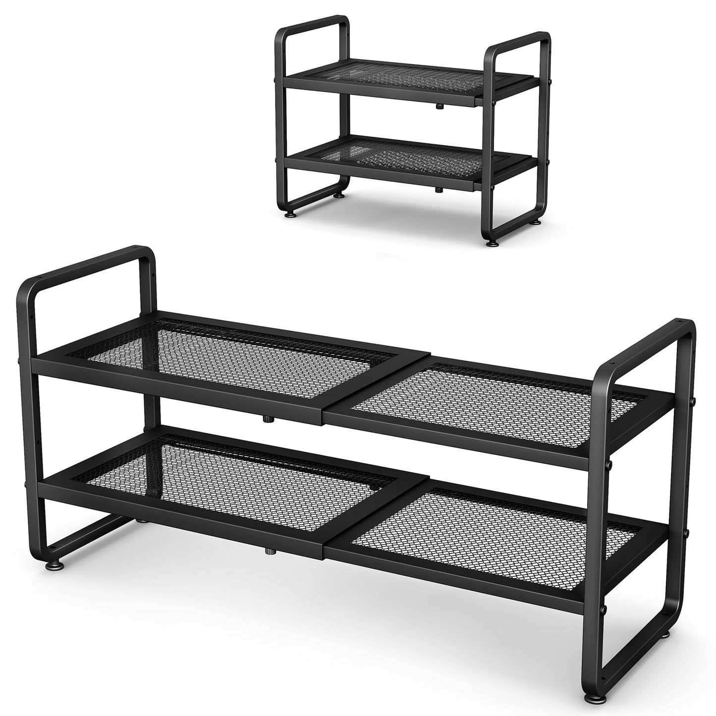 Shoe Rack - Expandable Shoe Organizer for Closet, Adjustable Metal Shoe Shelf Storage, 2 Tier Stackable Long Shoe Stand Holder for Garage, Entryway, Door Entrance, Black