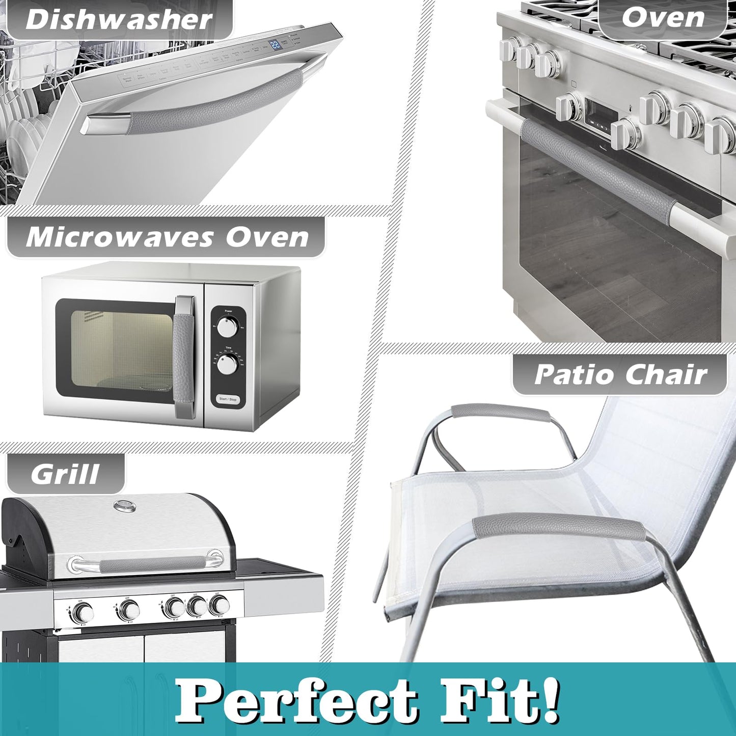 Rikzor Refrigerator Door Handle Covers, Set of 5, Adjustable Appliance Handle Covers, Keep Your Kitchen Clean, Microwave Oven Stove Dishwasher Handle Protector, Non Slip Fridge Handle Cover (Gray)