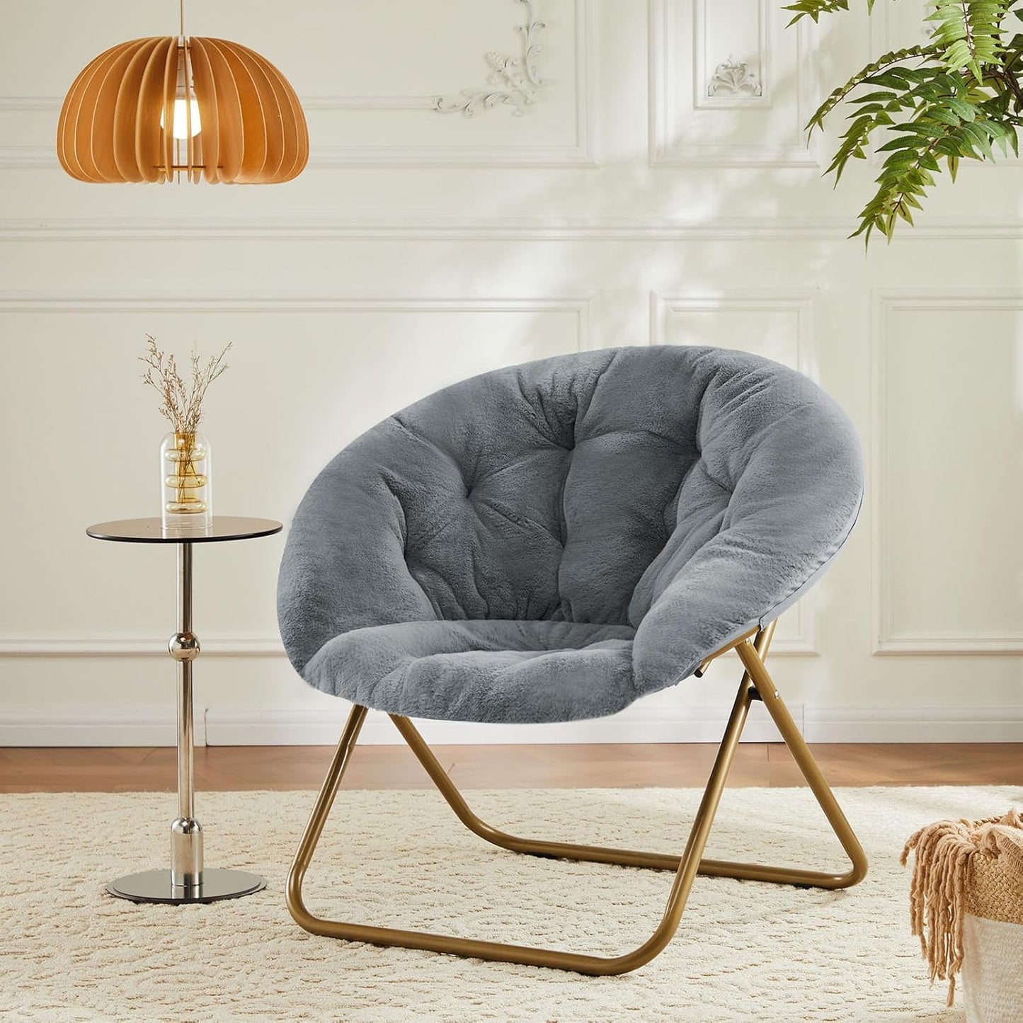 Elevon Saucer Chair Faux Fur with Soft and Thick Padded Seat Metal Frame, Modern Style Folding Cozy Chair for Bedroom, Living Room,XL, Grey