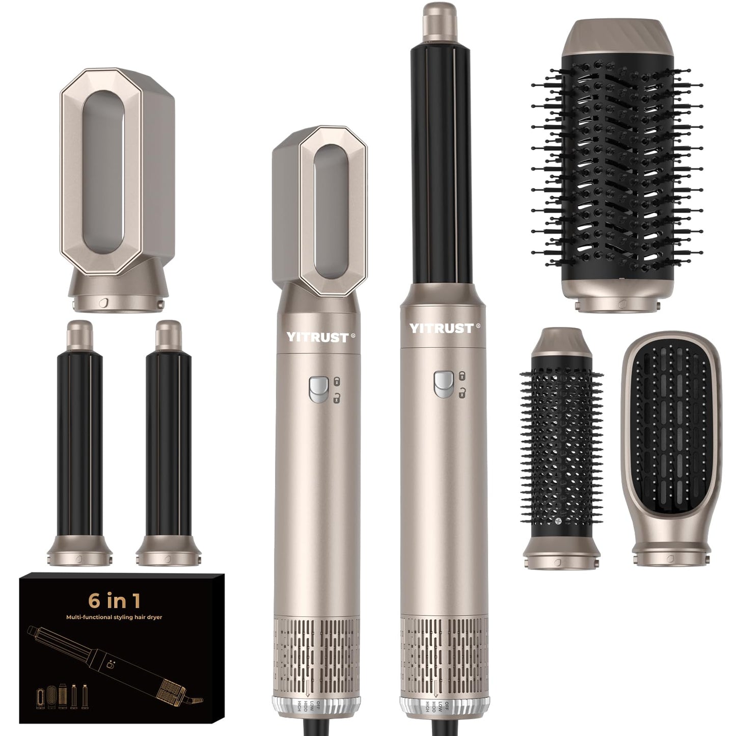 Yitrust 6 in 1 Blow Dryer Brush 60000RPM Hair Dryer Brush Detachable Air Curler Wrap Styler Professional Hot Air Brush Round Brush Blow Dryer Hair Styling Tools (Silver)