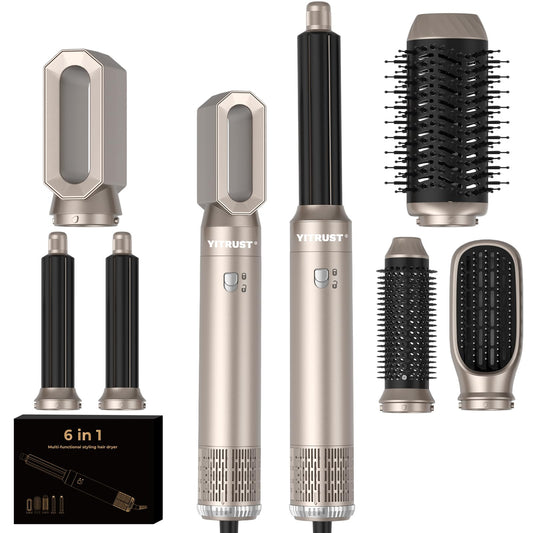 Yitrust 6 in 1 Blow Dryer Brush 60000RPM Hair Dryer Brush Detachable Air Curler Wrap Styler Professional Hot Air Brush Round Brush Blow Dryer Hair Styling Tools (Silver)
