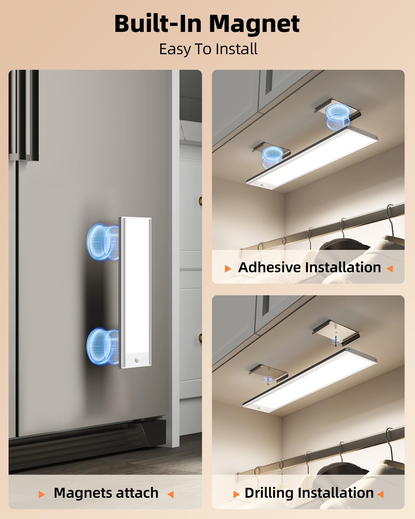 EZVALO Under Cabinet Lights, 150LM Ultra Bright Motion Sensor Lights, 3000mAh Rechargeable Magnetic Under Counter Lights for Kitchen, 3 Inch Wide Panel Dimmable Closet Light 2Packs