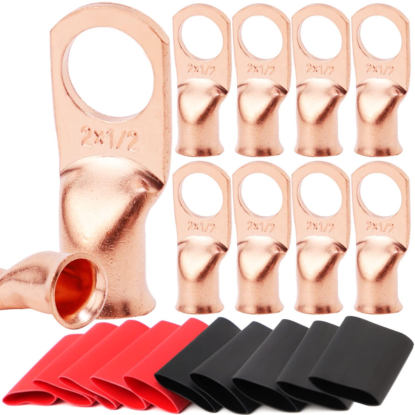 TKDMR 10pcs 1/0 AWG-3/8 Battery Lugs,Heavy Duty Wire Lugs,Ring Terminals,Battery Cable Ends,0 Guage terminals,Battery Terminal Connectors with 10pcs 3:1 Heat Shrink Tubing