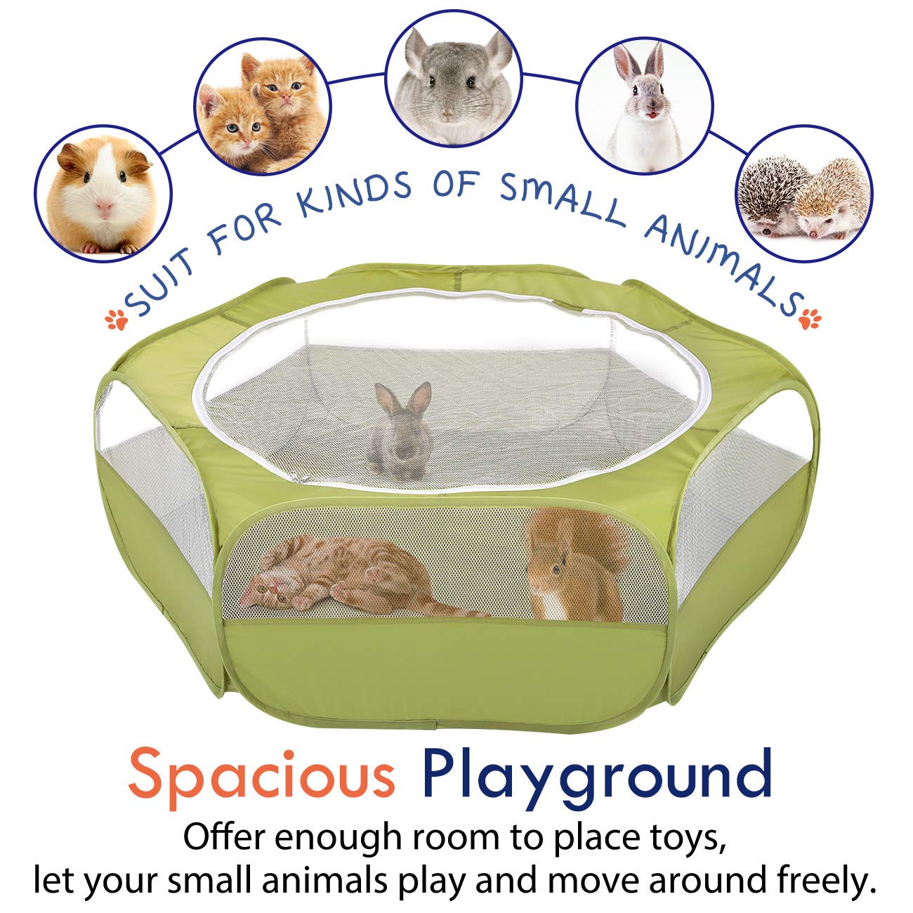 Pawaboo Small Animals Playpen, Waterproof Small Pet Cage Tent with Zippered Cover, Portable Outdoor Yard Fence with 3 Metal Rod for Chick/Kitten/Puppy/Guinea Pig/Rabbits/Hamster/Chinchillas,Green