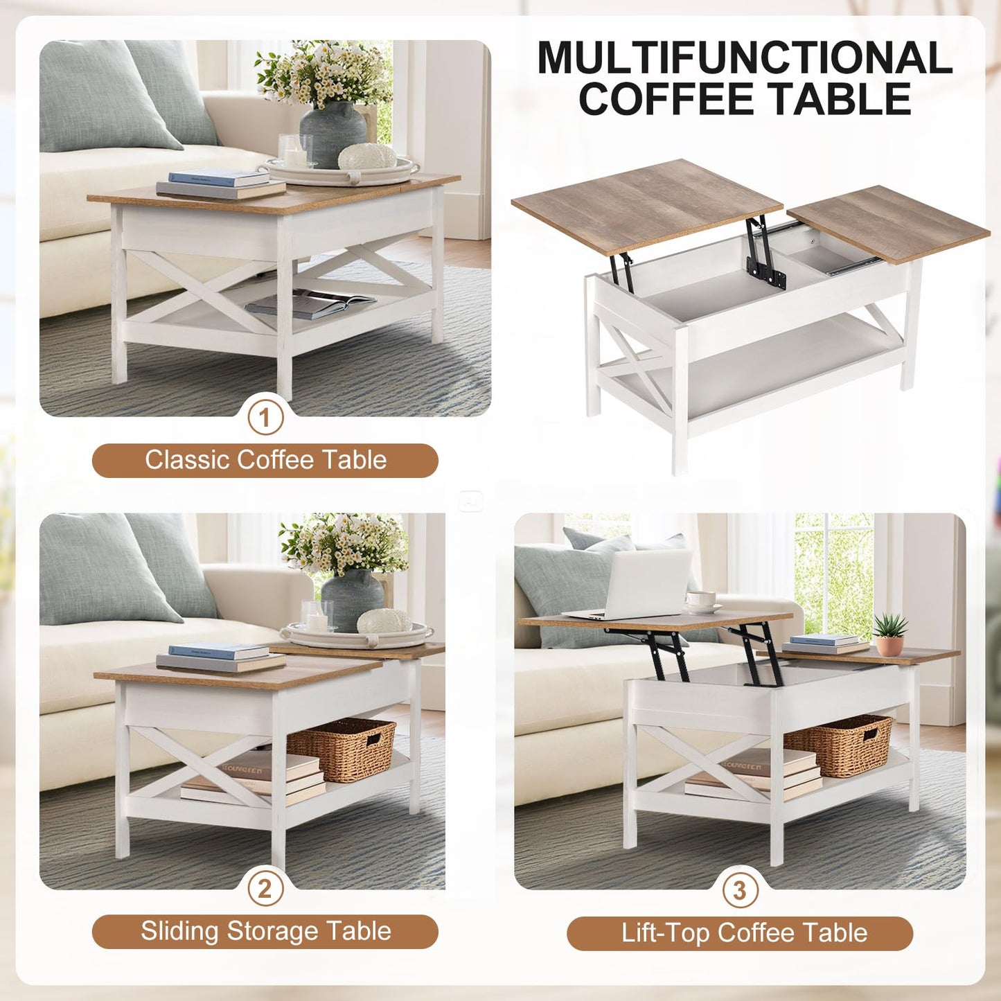 Vendricasa Lift Top Coffee Table with Storage, 39" Wooden Table for Lifting Top with Hidden Compartment, X Design Coffee Table for Living & Office & Reception Rooms, Rustic Brown