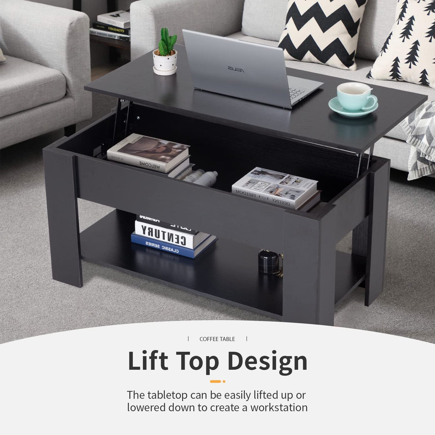 FDW 39.4" Lift Top Coffee Table with Hidden Compartment and Storage Shelf Wooden Lift Tabletop for Home Living Room Reception Room Office (Black)