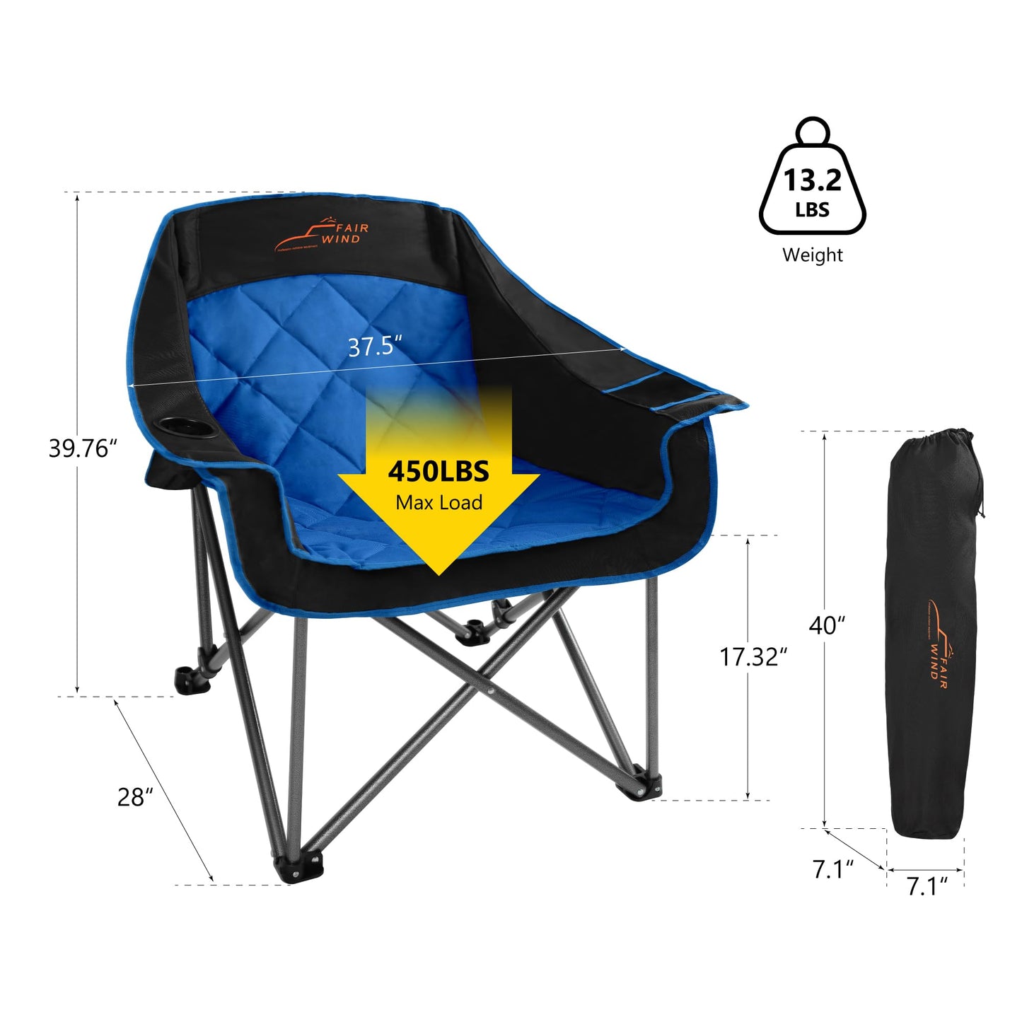FAIR WIND Oversized Padded Camping Chair Heavy Duty Quad Fold Arm Chair Portable for Outdoor - Support 450LBS, Blue