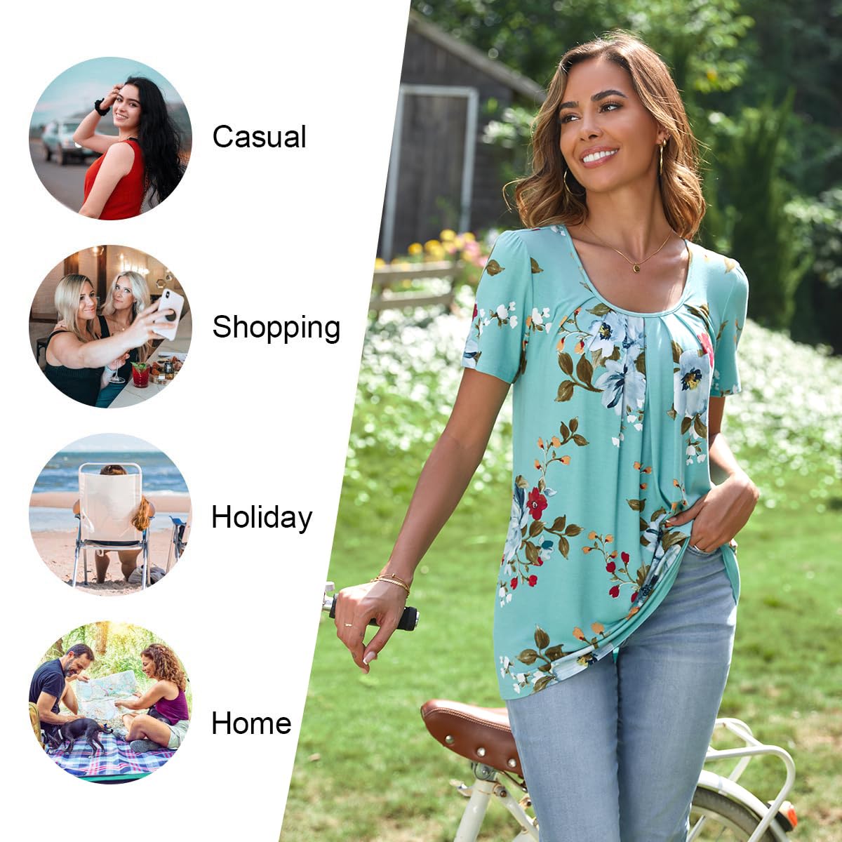 Anymeet Womens Summer Tops Short Sleeve Casual Blouses Beach Tee for Leggings Hide Belly Plus Size Green Flowers 2X-Large