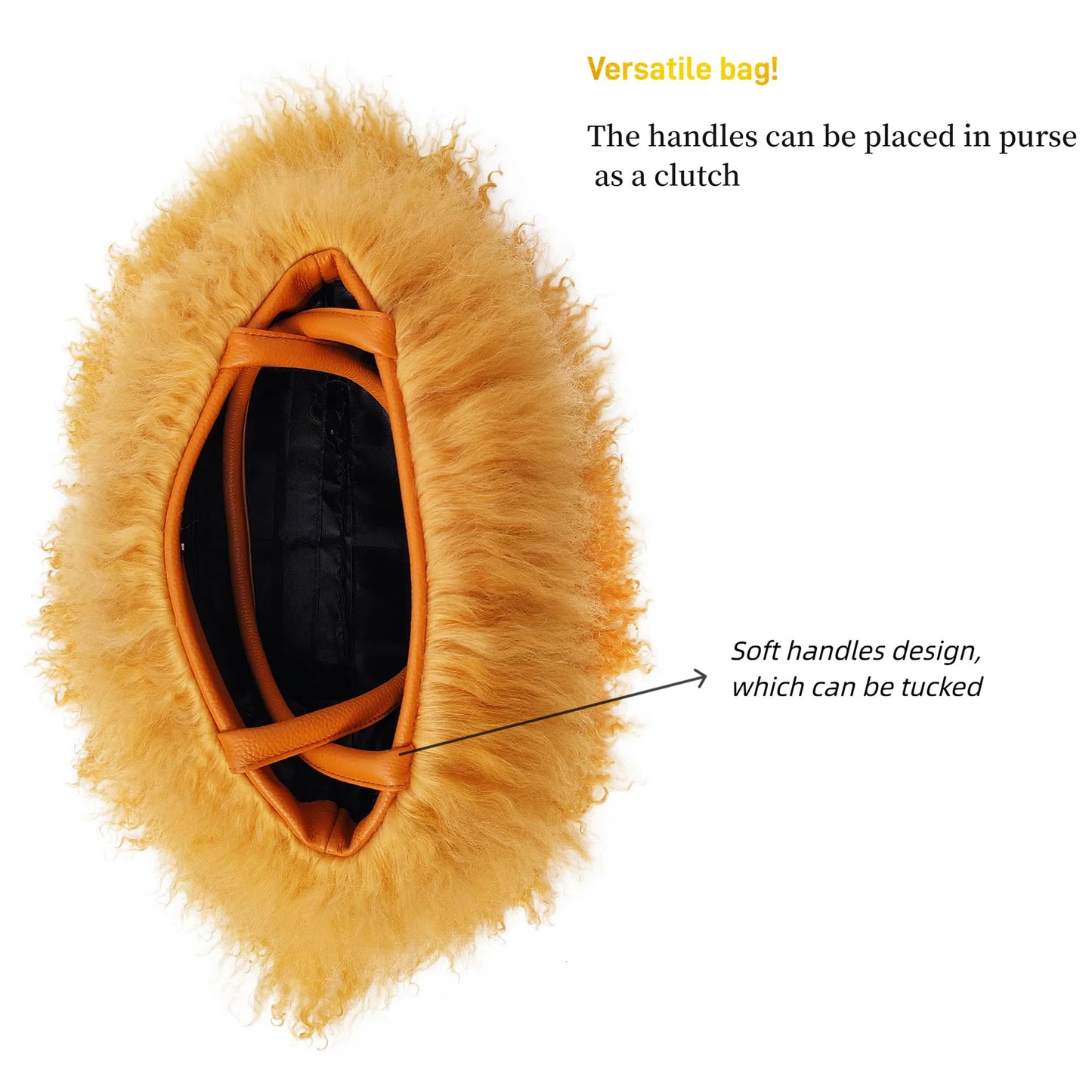 FINILUO Women Luxury Real Lamb Mongolian Flush Wool Fur With Genuine Leather Handles Handbag Camel