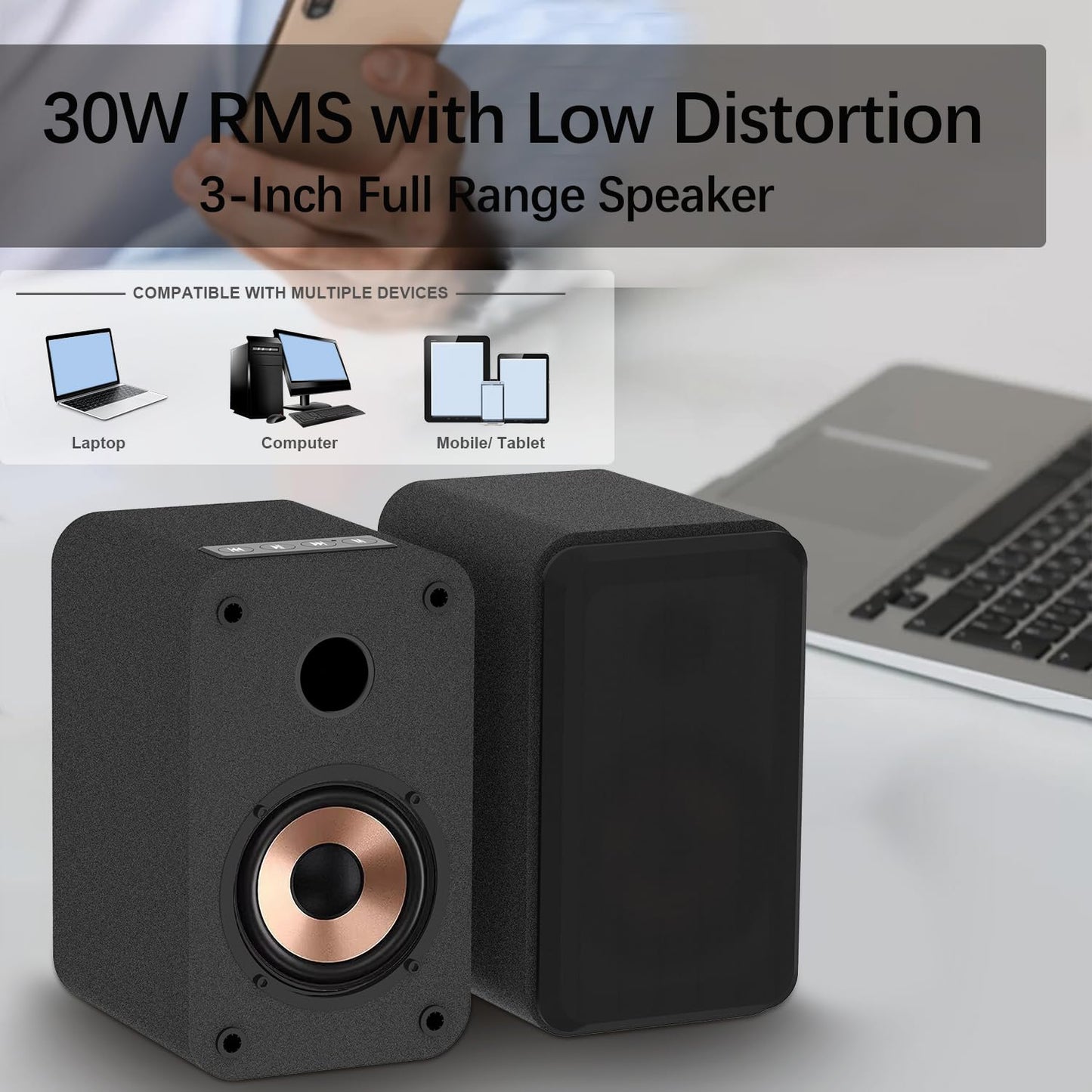 LONPOO Plug-N-Play Gaming Computer Speakers for Desktop and PC, 30W RMS Active Bookshelf Speaker with 3-Inch Full Range Speaker,Support Bluetooth 5.3, USB Playback,Aux-in and 3.5mm Earphone Port