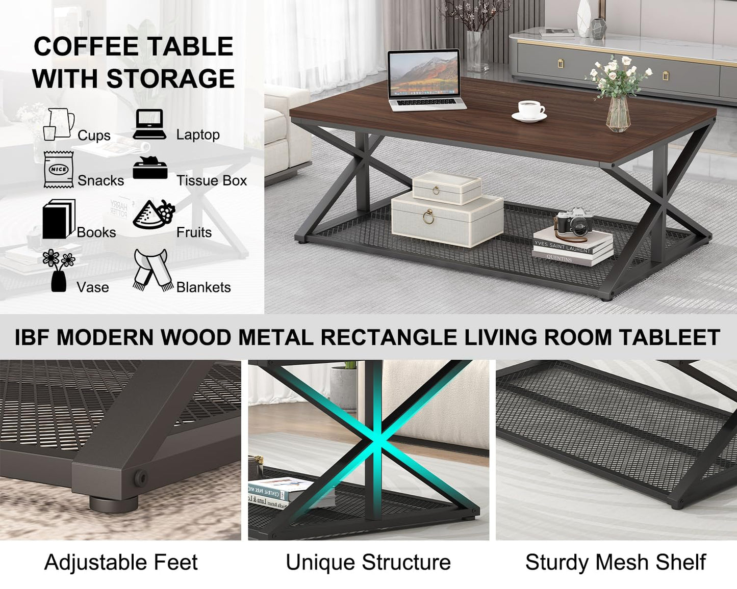 IBF Walnut Coffee Table with Storage, Industrial Wood Metal Rectangle Living Room Table, Vintage 2 Tier Middle Center Table with Mesh Shelf, Walnut, 47 inch