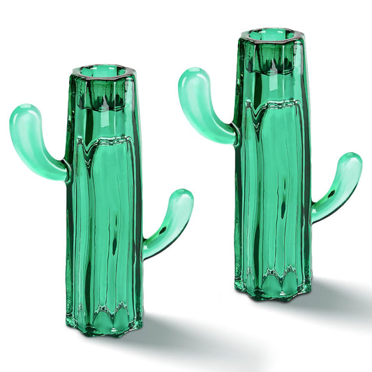 Cactus Candle Holder, 2PCS Glass Pillar Candlestick Holders Decorative Candle Stand for Home Decoration Wedding Halloween Christmas Party, Dark Green