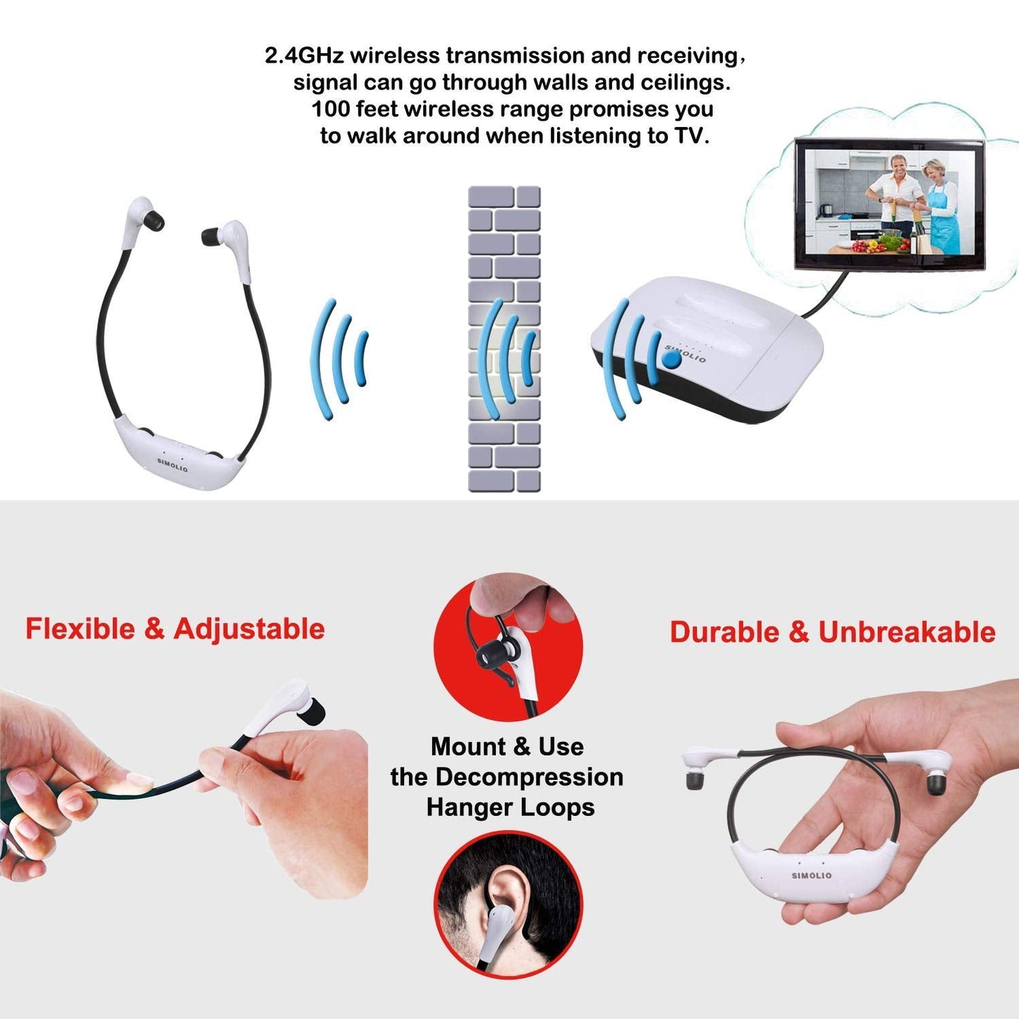 SIMOLIO 2.4G Digital TV Wireless Headphones with Spare Battery for Seniors, Dialog Clarity Wireless Headphones for TV Watching with Tone & Balance Control, Support Optical/RCA/AUX, 164ft, No Delay