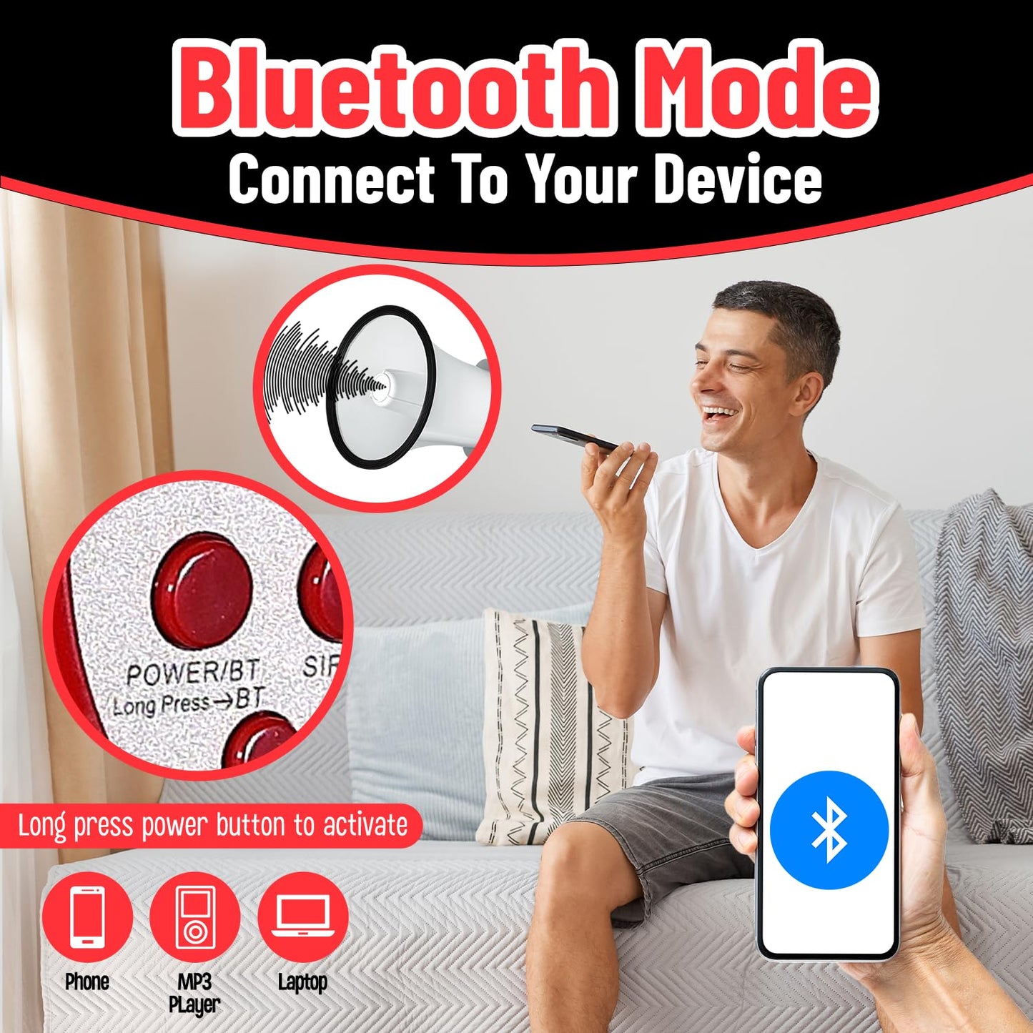 Megaphone Bullhorn | 30-Watt Bull Horn Speaker with Record & Play | Plus Voice Changer for Adults with Siren & Whistle | Blow Horn Loud Speaker with Bluetooth Connection