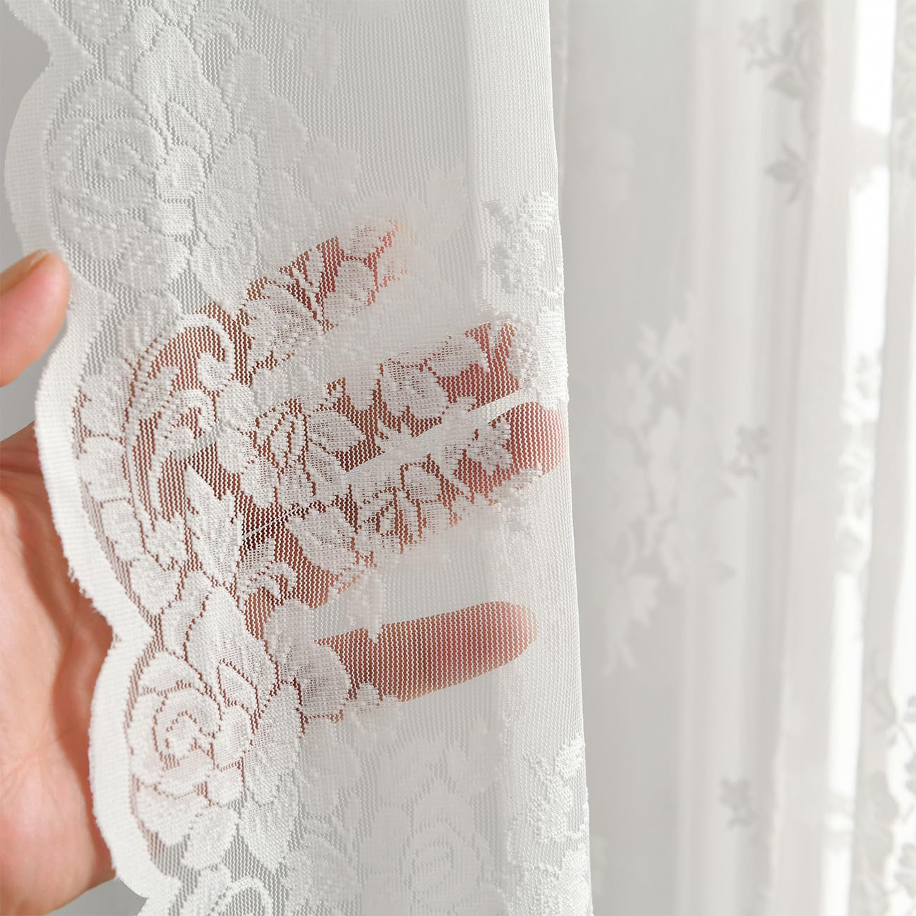 Kotile Ivory Lace Curtains 36 Inch Length 2 Panels, Country Rustic Floral Lace Curtains Short for Kitchen Window, Rod Pocket Privacy Lace Cafe Curtains, 42 x 36 Inch Each, 1 Pair, Ivory