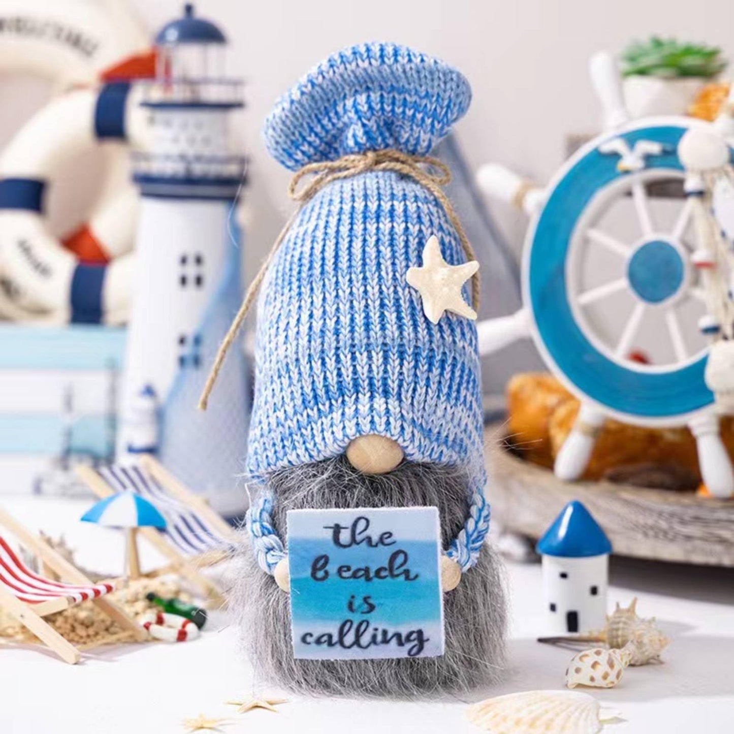 ALYRMEI Beach Birthday Gnome Plush - Summer Gnomes Decorations for Home,Cute Ocean Gnome Figurine Stuffed Gnomes Gifts for Women, Tiered Tray Decor, Beach Party Birthday Decor（Blue Beach）