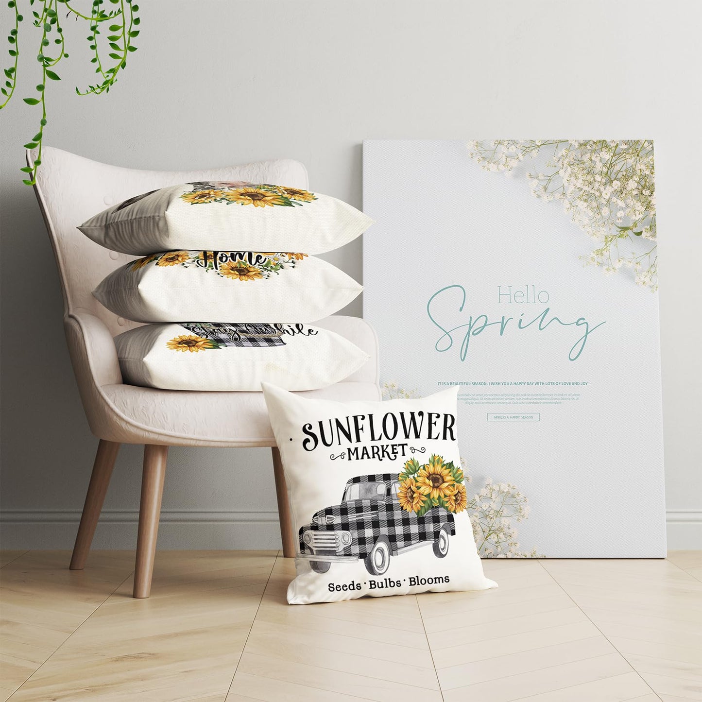 Hofomca Spring Summer Sunflower Throw Pillow Covers 18x18 Set of 4,Yellow Flowers Cushion Case Farmhouse Black and White Cow Buffalo Plaid Pattern Home Decorative for Couch Sofa Outdoor Living Room