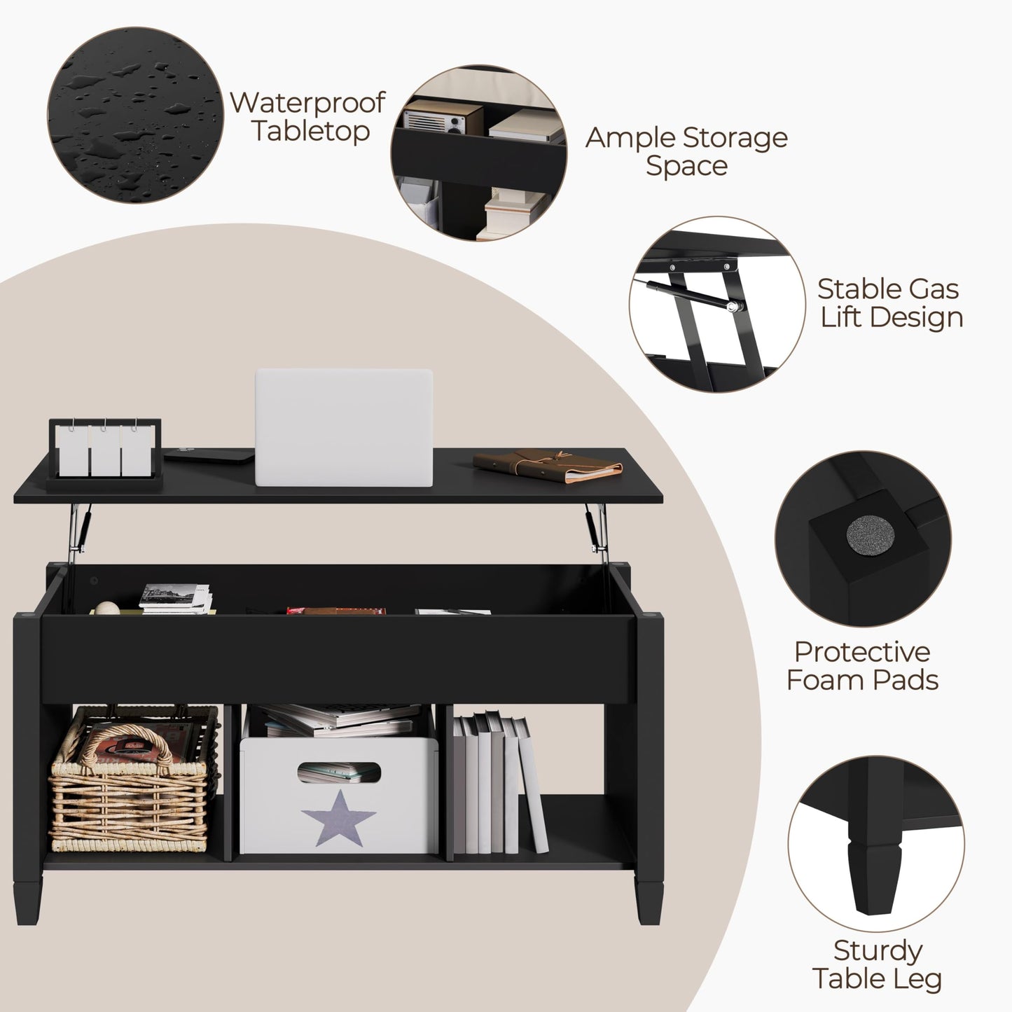 Yaheetech Coffee Table, Lift Top Coffee Table w/Hidden Storage Compartment & Lower 3 Cube Open Shelves, Lift Tabletop Center Tables for Living Room/Reception Room/Office, Black