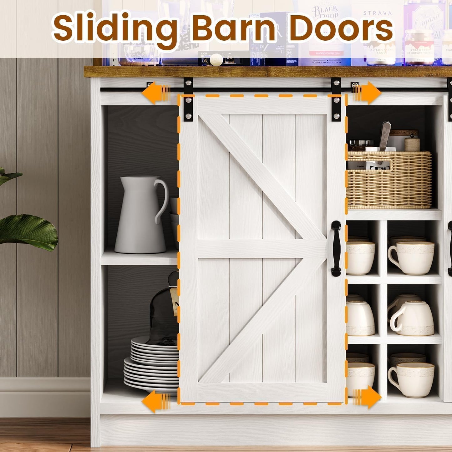 4ever2buy Farmhouse Coffee Bar with LED Lights, 47 inch Coffee Bar Cabinet with Storage, Wine Bar Cabinet with Wine and Glass Rack for Living, Dining Room, White