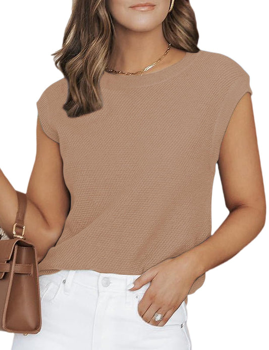 CiCiBird Women Summer Cap Sleeve Sweaters Knit Crew Neck Pullover Tank Tops2025 Casual Trendy Sweater Vest Khaki M