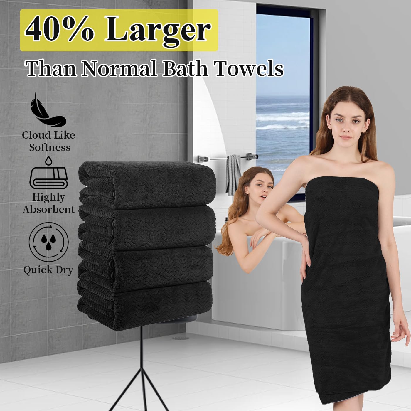 Jessy Home Black 8 Piece Bath Towel Set |2 Oversized Large Bath Sheet,2 Hand Towels,4 Washcloths| Soft Luxury Towel Set for Bathroom Hotel,Highly Absorbent Quick Dry 600GSM Bathroom Towel Collections