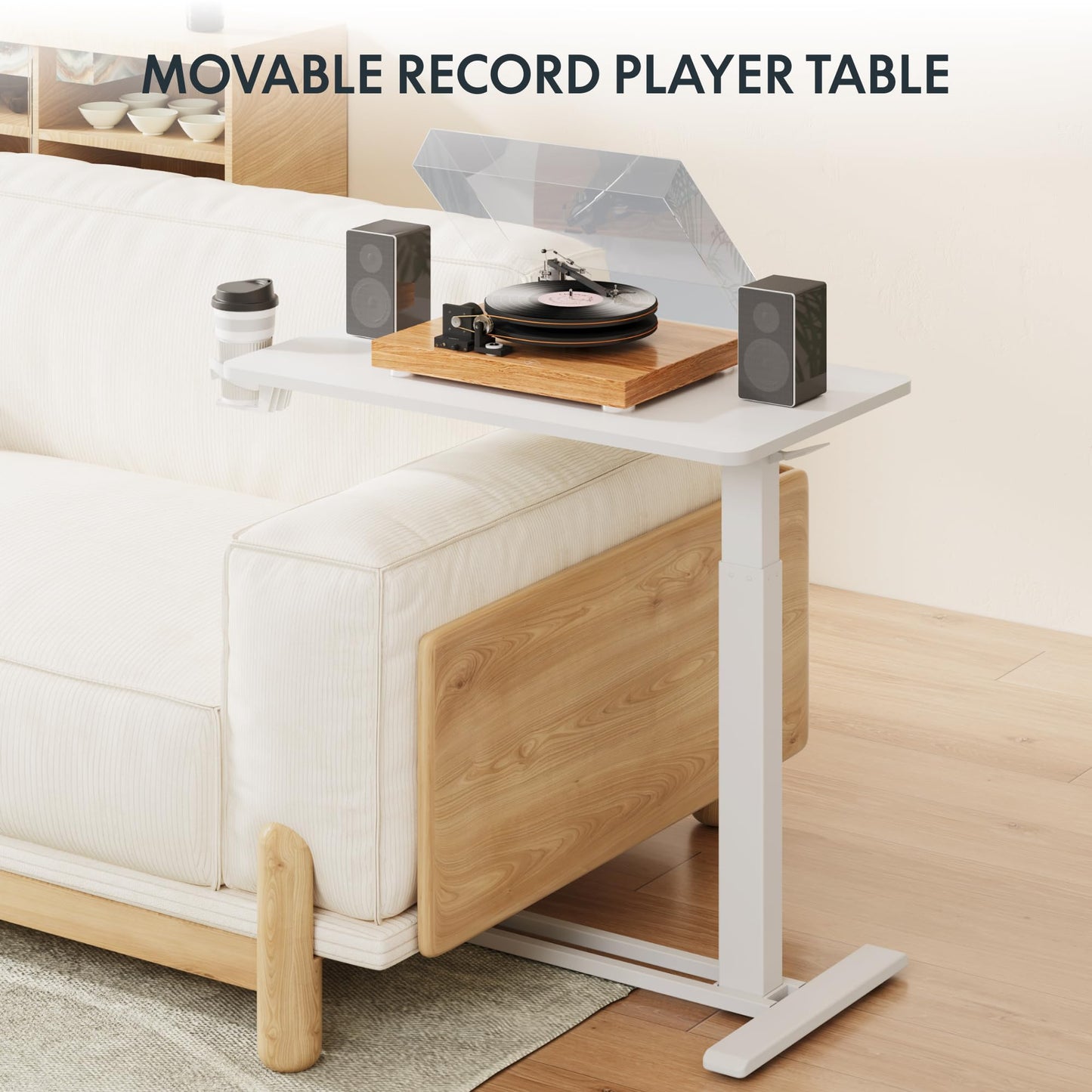 FLEXISPOT H7 Adjustable Overbed Bedside Table with Wheels Pneumatic Mobile Standing Laptop Desk Rolling Computer Cart Movable Overbed Table Hospital Home Use (31.5" W x 17.7" D, White Large)